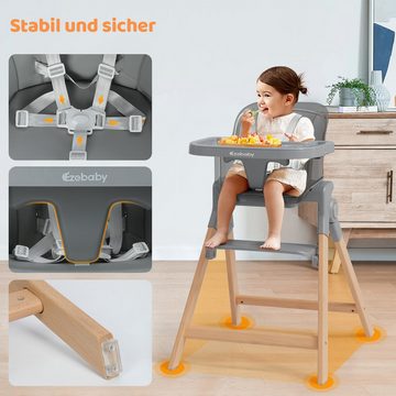Ezebaby Hochstuhl Hochstuhl mit Holzbeine, Kunstleder Sitz für Kinder ab 6 Monaten, grau