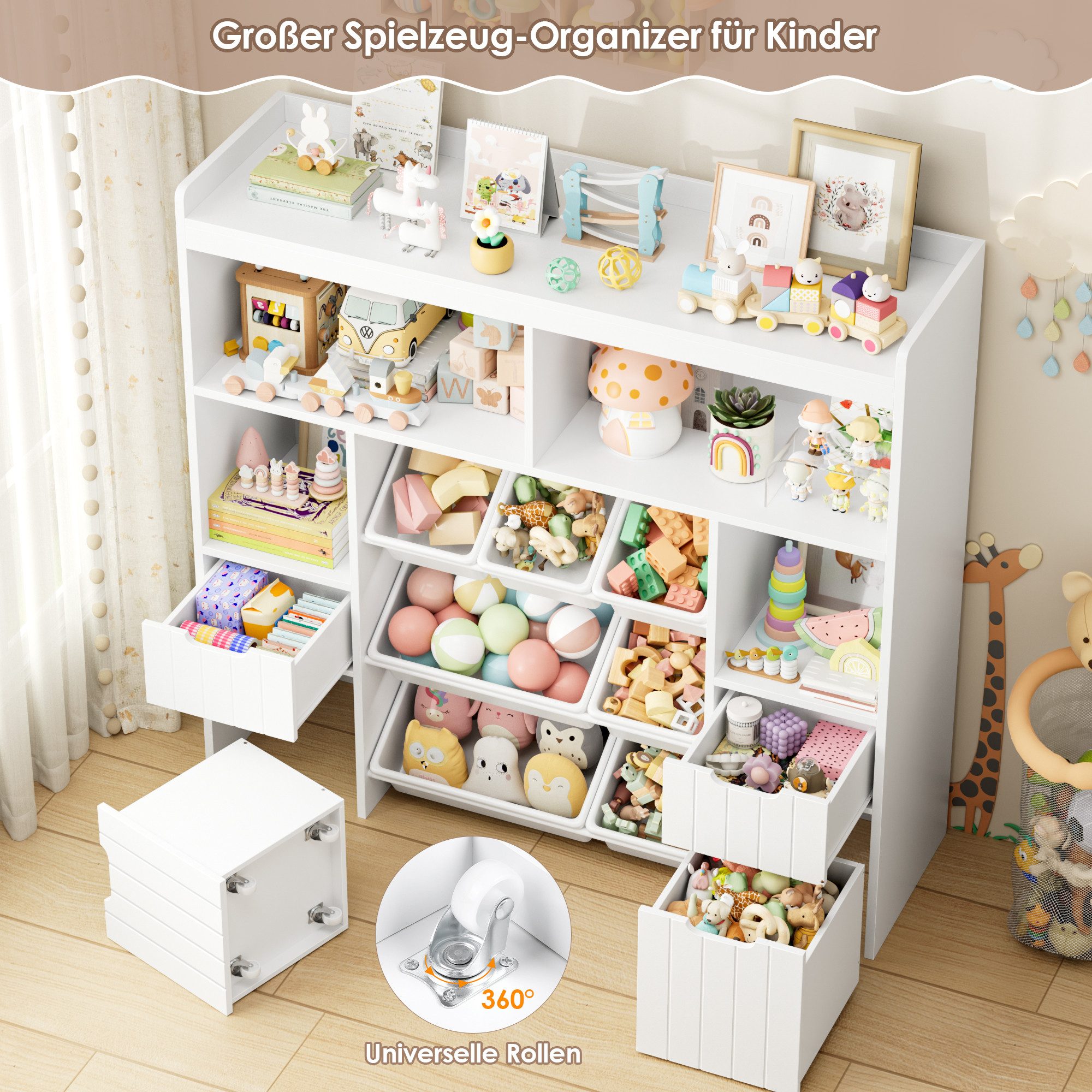 HOMECHO Toy Chest, Children's Shelf with 7 Storage Boxes and 4 Drawers, White