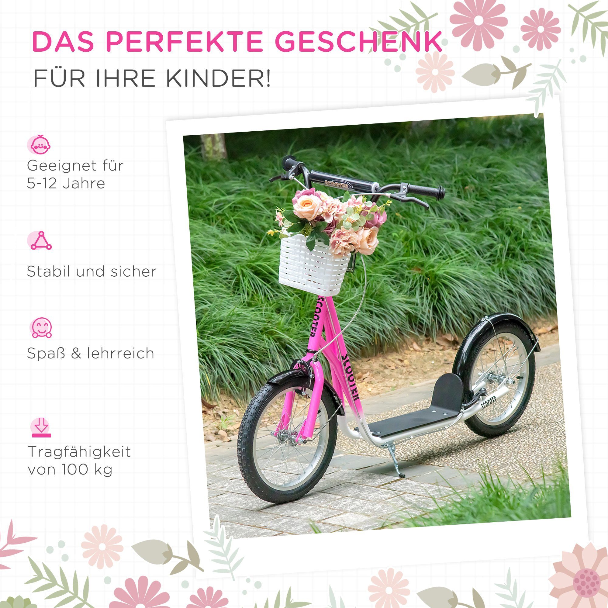 HOMCOM Cityroller Kickscooter inkl. Korb, höhenverstellbar, für Kinder 5-12 Jahren, 1 km/h, (Roller, 1 tlg., Kickscooter), für 5-12 Kinder, Rosa+Schwarz