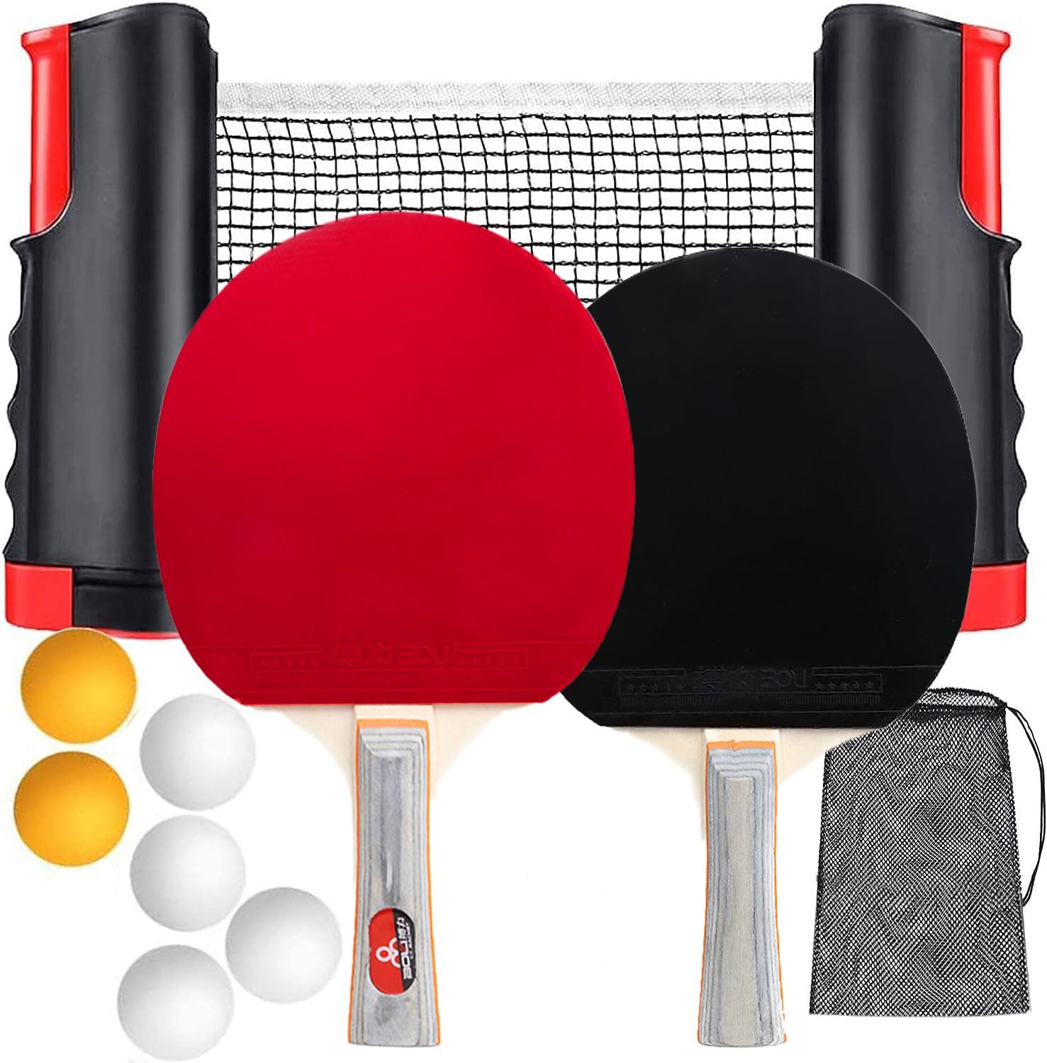 Avisto Tischtennisschläger Tischtennisschläger Set mit ausziehbarem mobilen Tischtennisnetz (Ping Pong Netz einstellbar auf jeden Tisch, 10-tlg., ABS-Trainingsbälle), mit exzellenter Sprungkraft und besserer Kontrolle