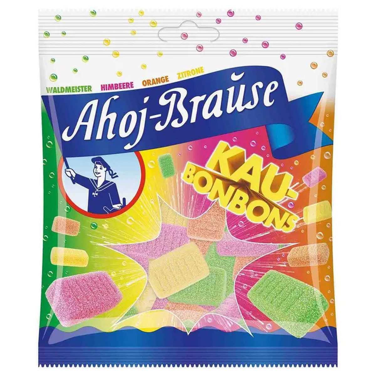 Ahoj-Brause Süßigkeit, Ahoj Brause Kaubonbons mit prickelndem fruchtigem Brausepulver 150g