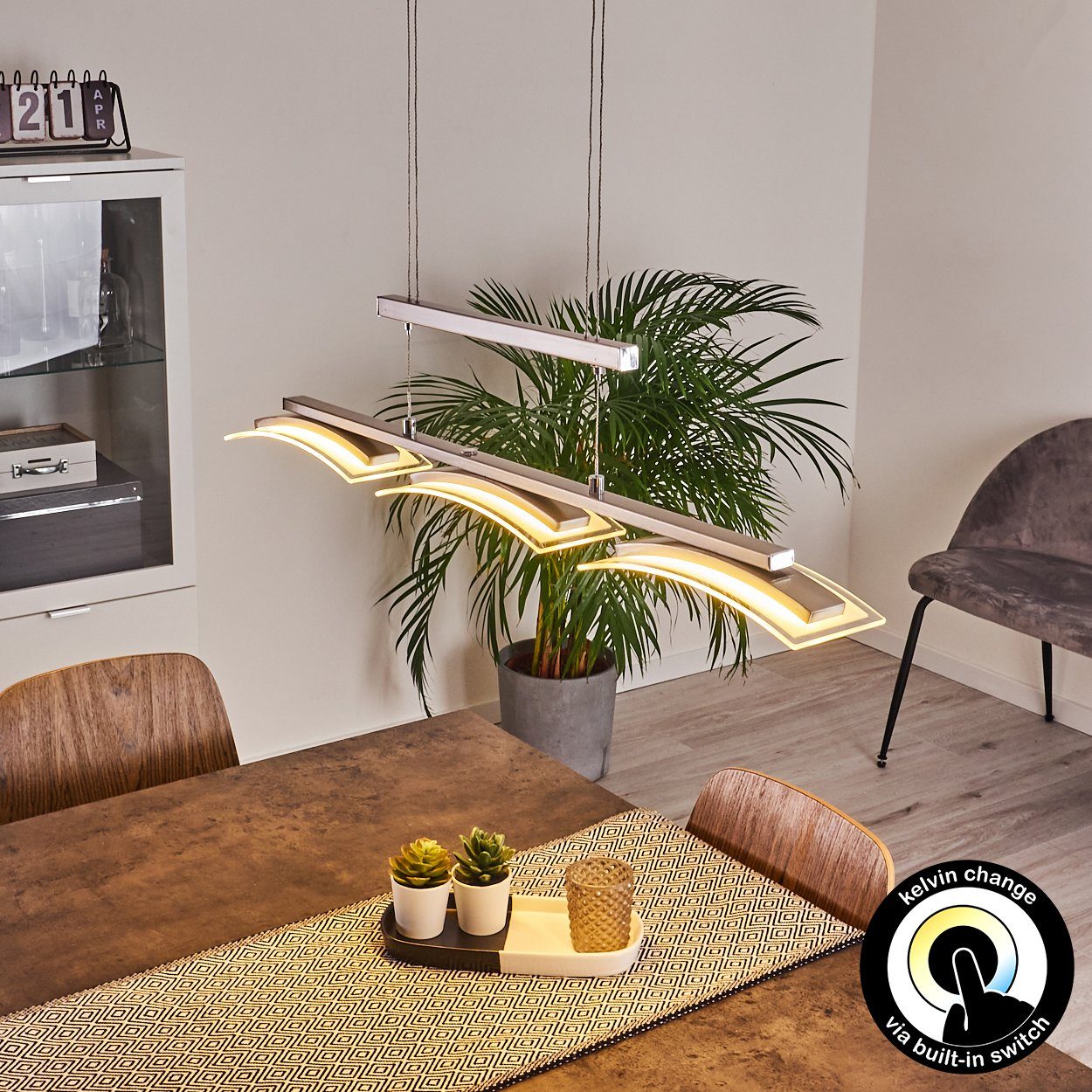 hofstein Pendelleuchte »Ovaro« dimmbare Deckenlampe, Metall, Nickel-matt, klarem Glasschirm, 2700 Kelvin, moderne Hängelampe mit Tastschalter, 3xLED 5 Watt, 1350 Lumen