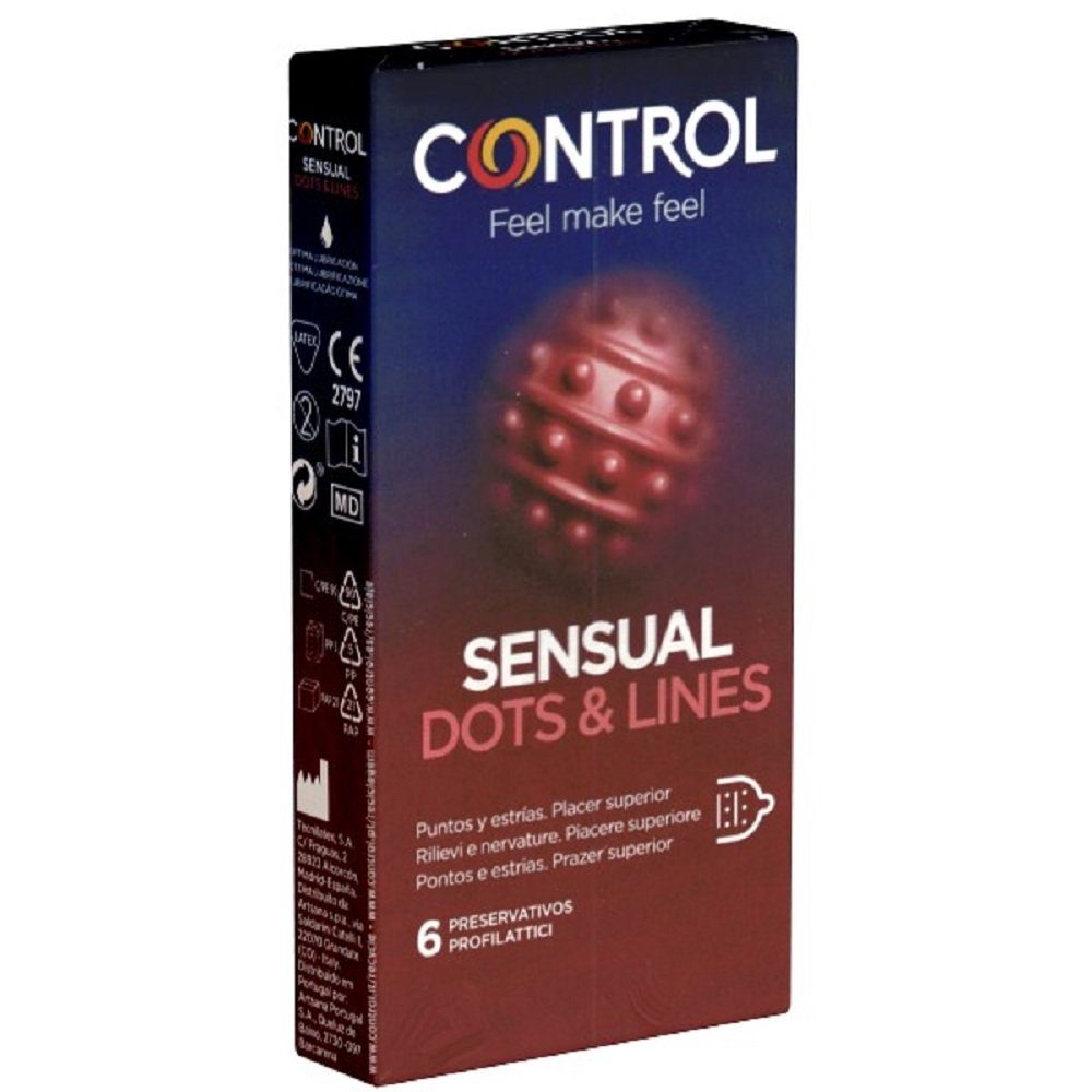 CONTROL CONDOMS Kondome SENSUAL Dots & Lines Packung mit, 6 St., anatomische Kondome mit Noppen und Rippen, tiefgehend stimulierende Kondome