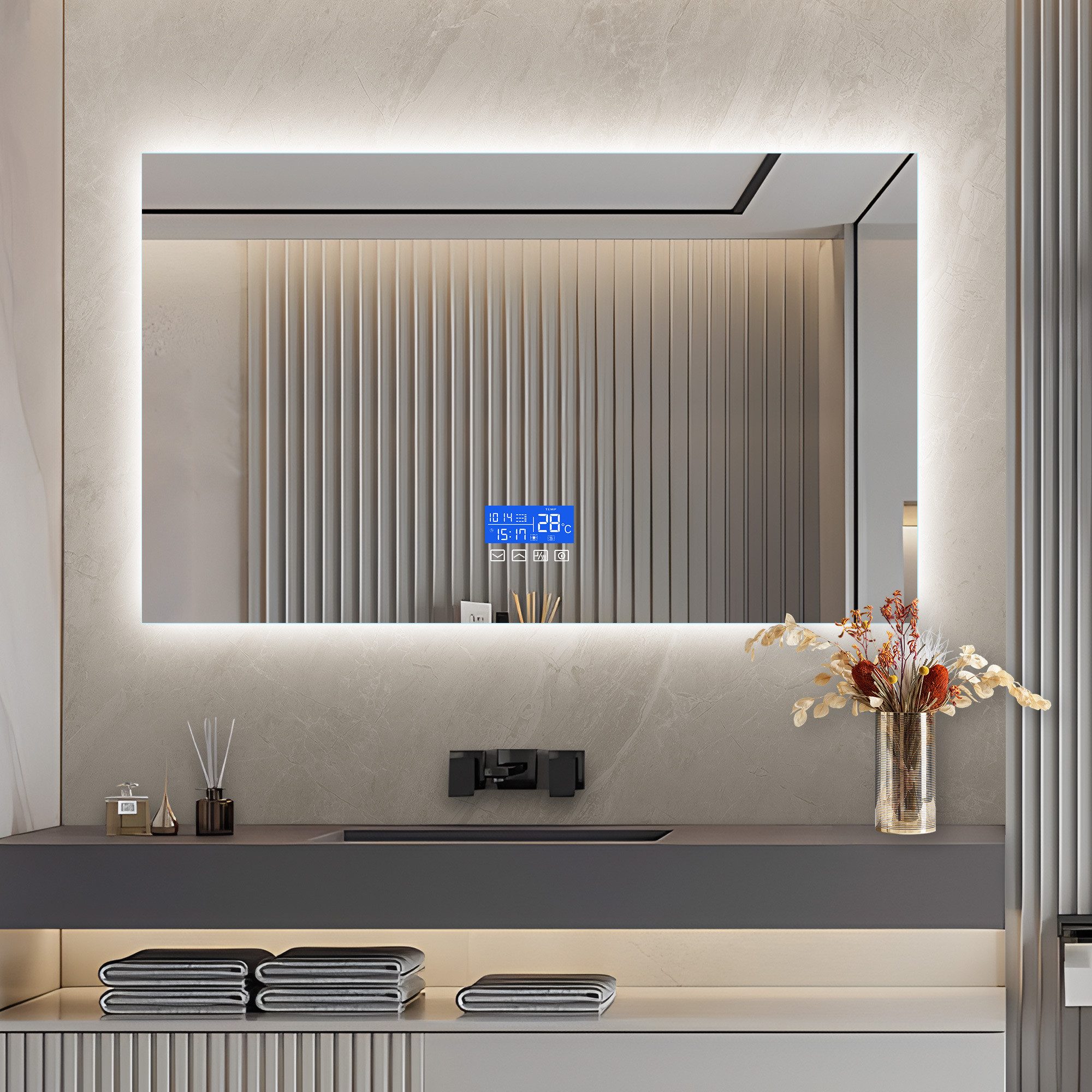 PXloue Badezimmerspiegelschrank Modernes Wandgerät mit LED-Anzeige und Temperaturkontrolle Elegantes Design, einfache Steuerung und präzise Temperaturanzeige.