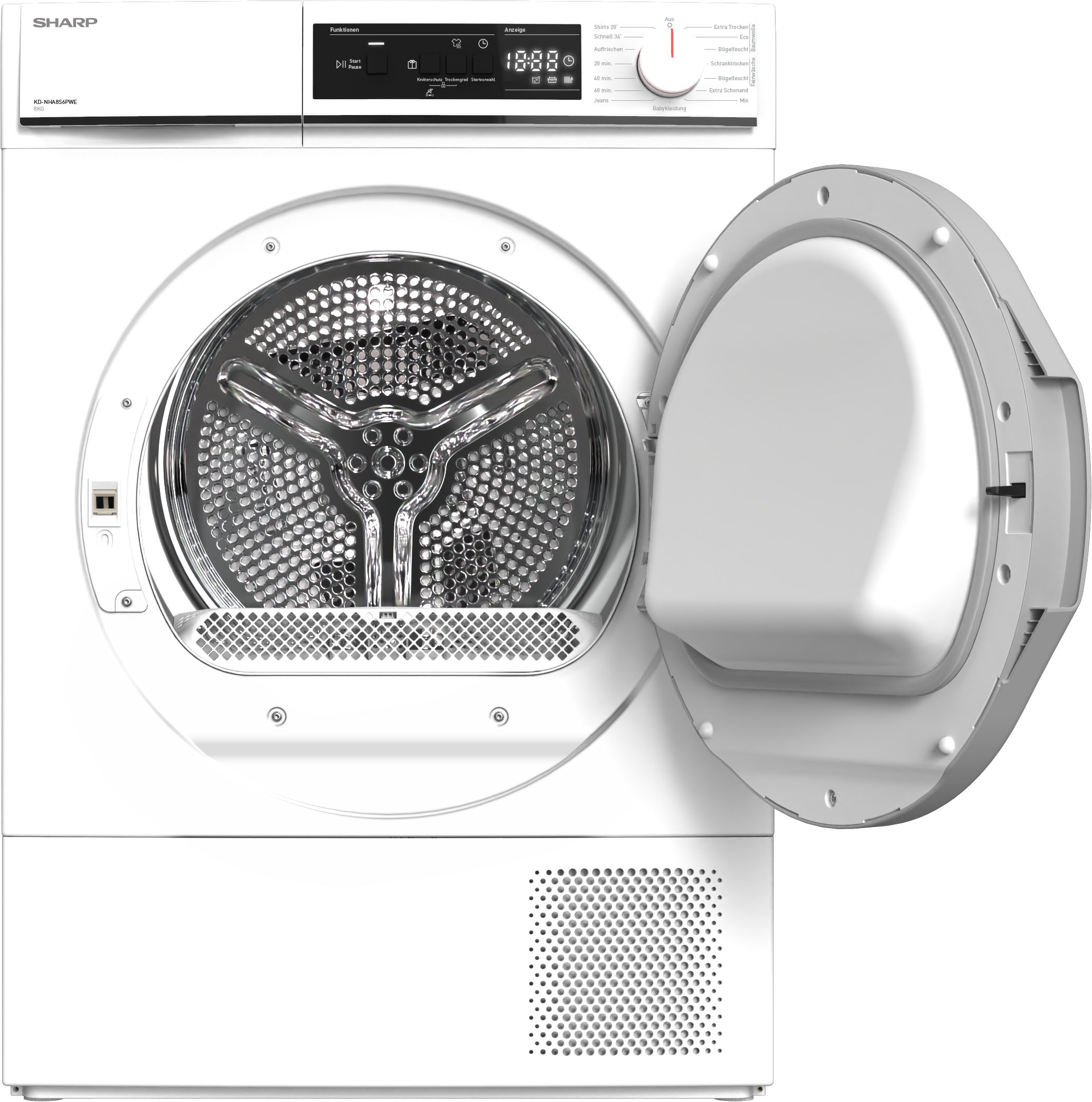 Sharp Wärmepumpentrockner KD-NHA8S6PWE-DE, 8kg / EEK E / 3 Tasten / Plastik-Tür / Weiß