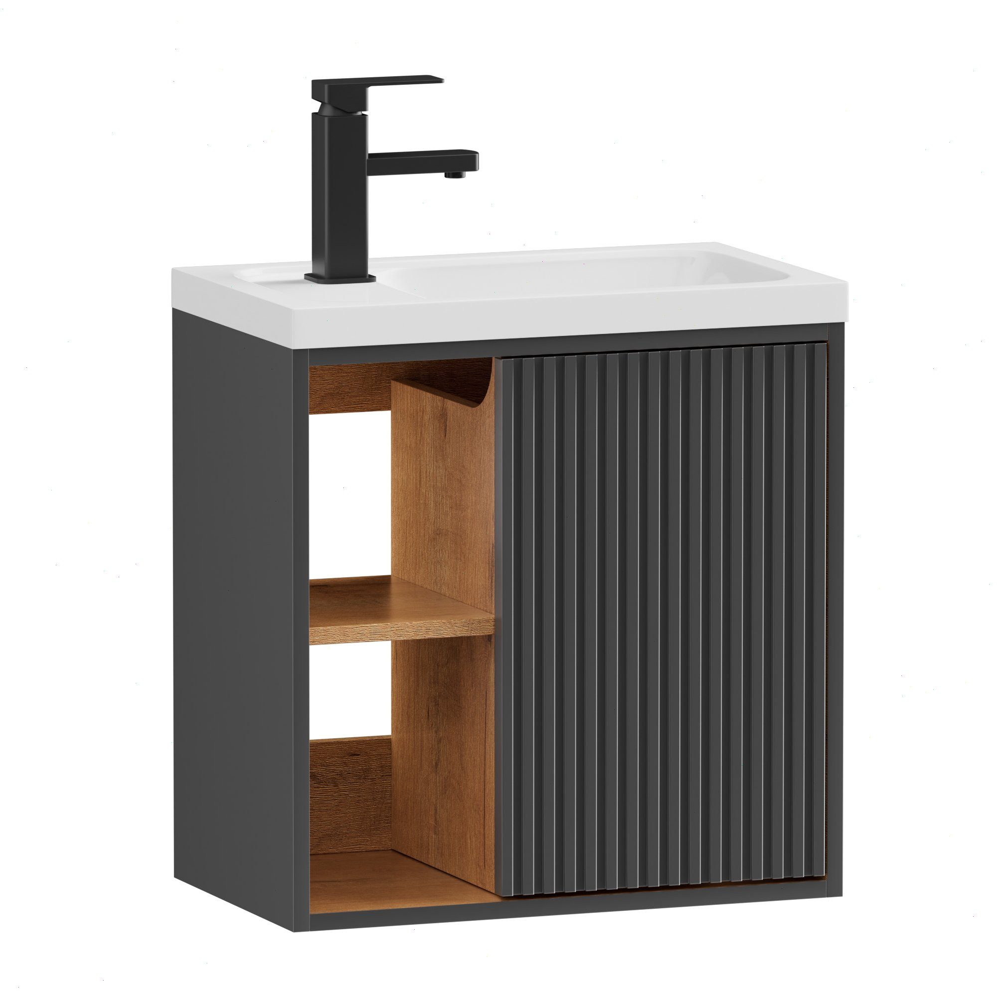 UEV Waschtisch klein Waschbecken mit Unterschrank set Badmöbel Gäste-WC (Breit 50cm, Komplett-Set, Badezimmmer Schrank für Gäste WC, Unterschrank mit Harzbecken Wasserhahn Pop-up-Ablassventil), Waschtischunterschrank hängend Breit 50,5cm