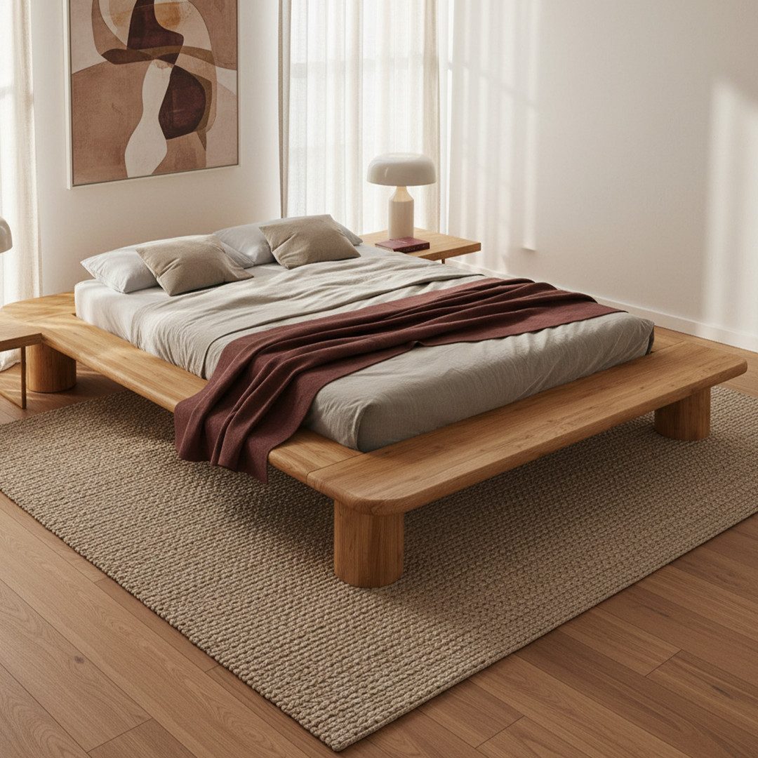 skølm Futonbett Vestri aus massiver Eiche (natur, 140x200 cm), Massivholzbett geölt & lackiert, niedriges Doppelbett mit 25 cm Höhe