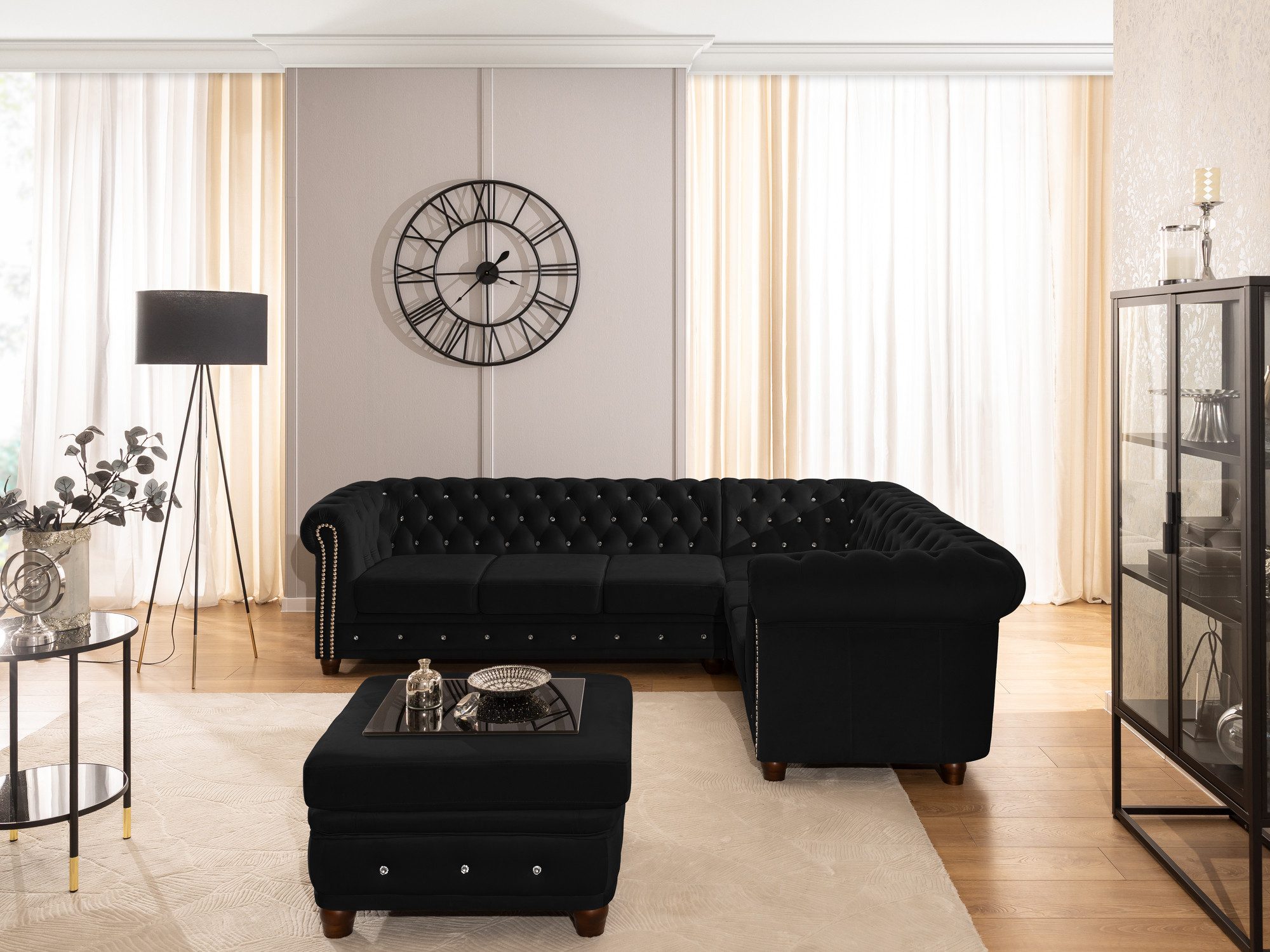 S-Style Möbel Polsterhocker Chesterfield Cleo Blink aus Samt mit Kristallsteppung, mit Wellenfederung