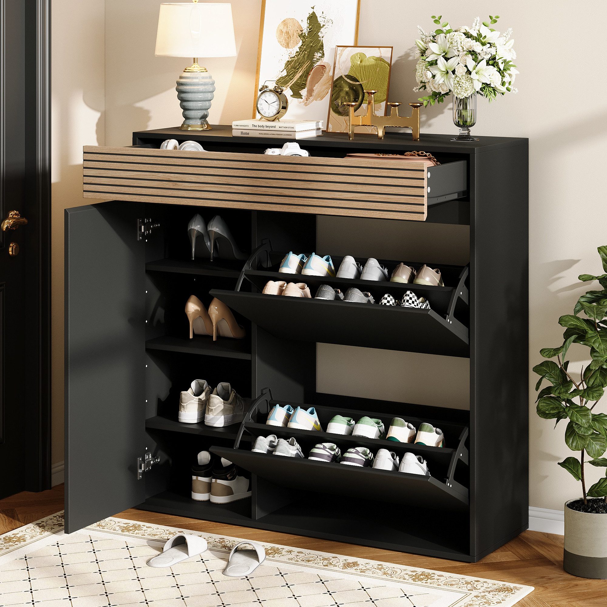 Merax Schuhschrank Schwarz mit Naturholzoptik, schmaler Schuhkipper, 100x35x105cm (Schuhaufbewahrung für Flur und Eingangsbereich, 1-St) Schuhschrank mit 2 Klappfächern, 1 Tür, 1 Schublade & 4 Ablagefächern