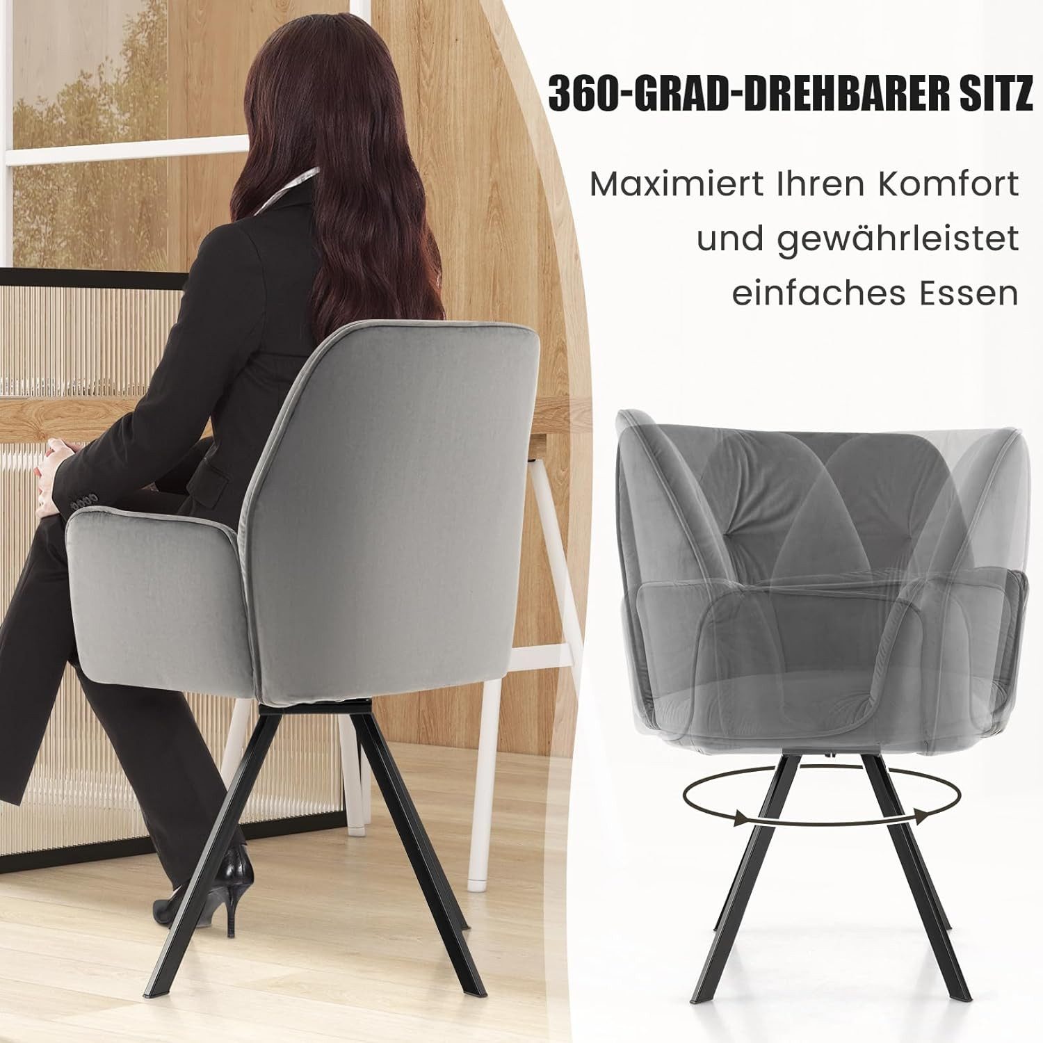 COSTWAY Drehstuhl (2er Set), Samt,mit Armlehne,360° drehbar,Metall 150kg günstig online kaufen