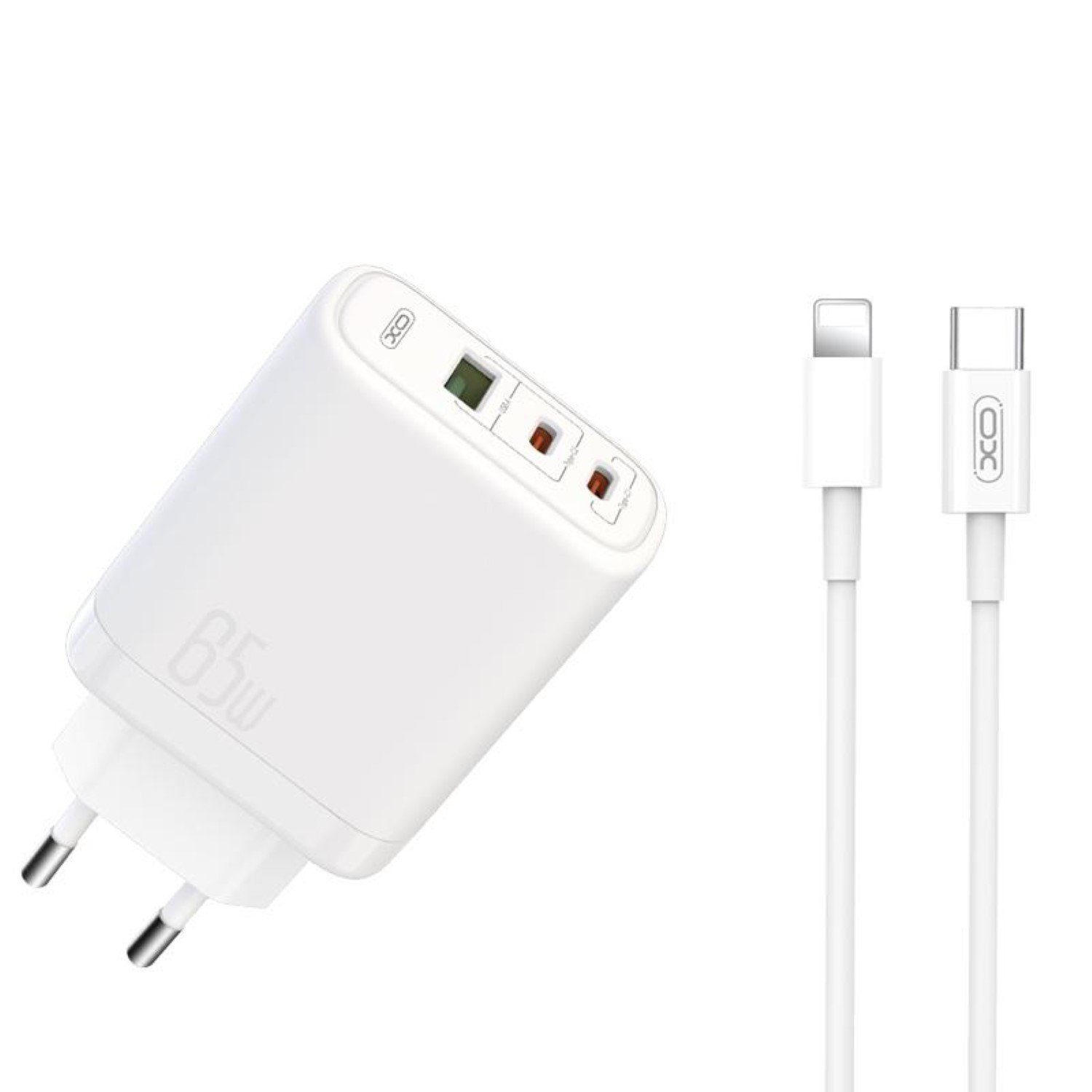 XO PD 65W QC 45W 1x USB 2x USB-C weiß + USB-C - iPhone-Kabel Smartphone-Ladegerät
