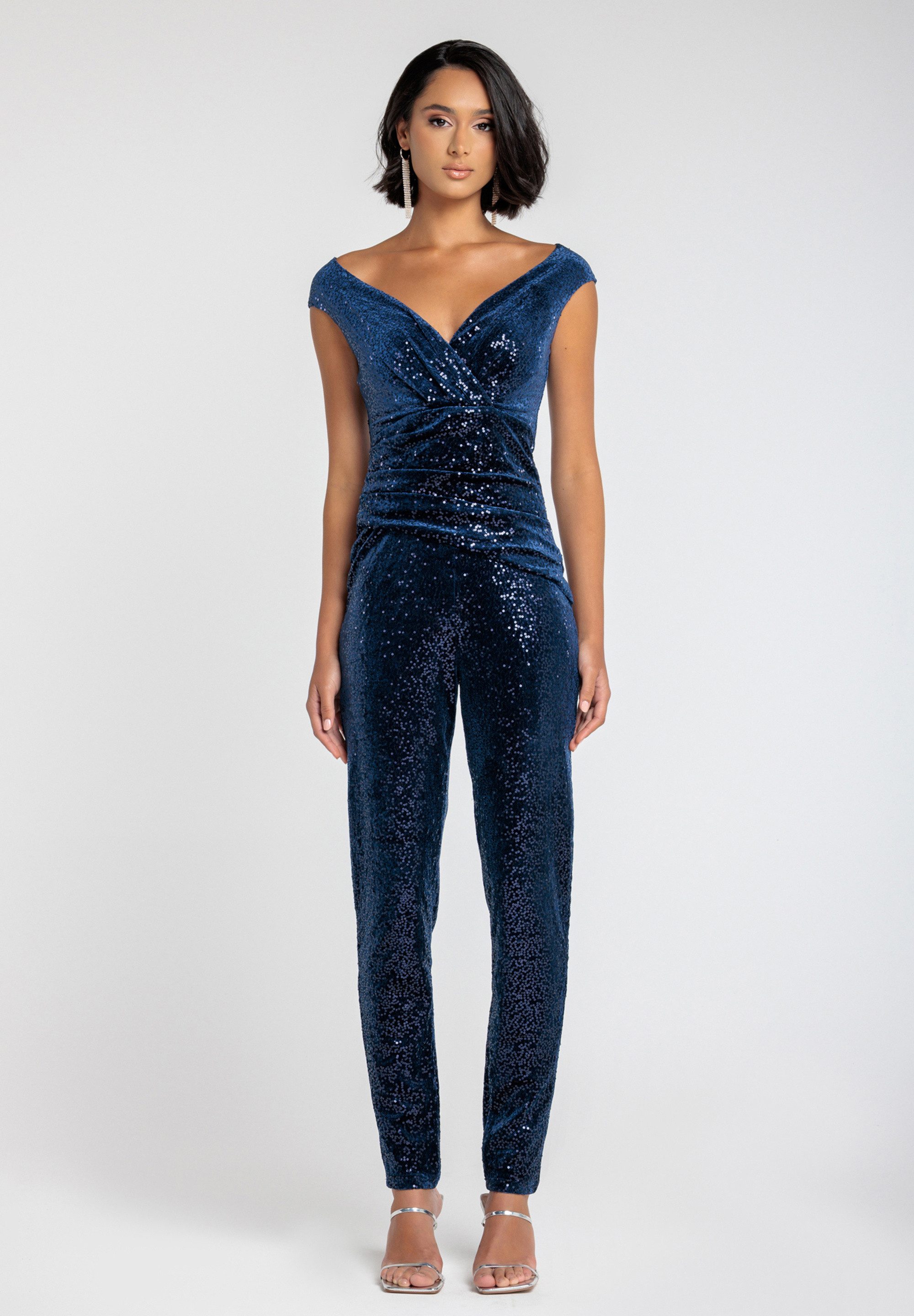 Goddiva Jumpsuit Sequin Velvet Bardot Jumpsuit Bandeau-Ausschnitt, offener günstig online kaufen