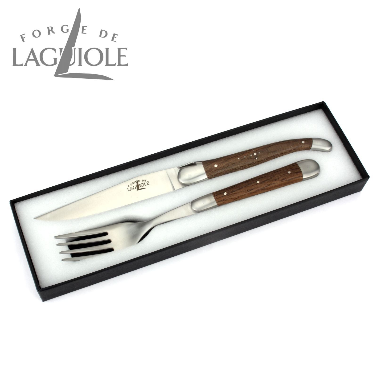 Forge de Laguiole Steakbesteck TF 2M IN CHFC SAT, 1 Messer / 1 Gabel - Griff fossile Mooreiche - Stahl satiniert