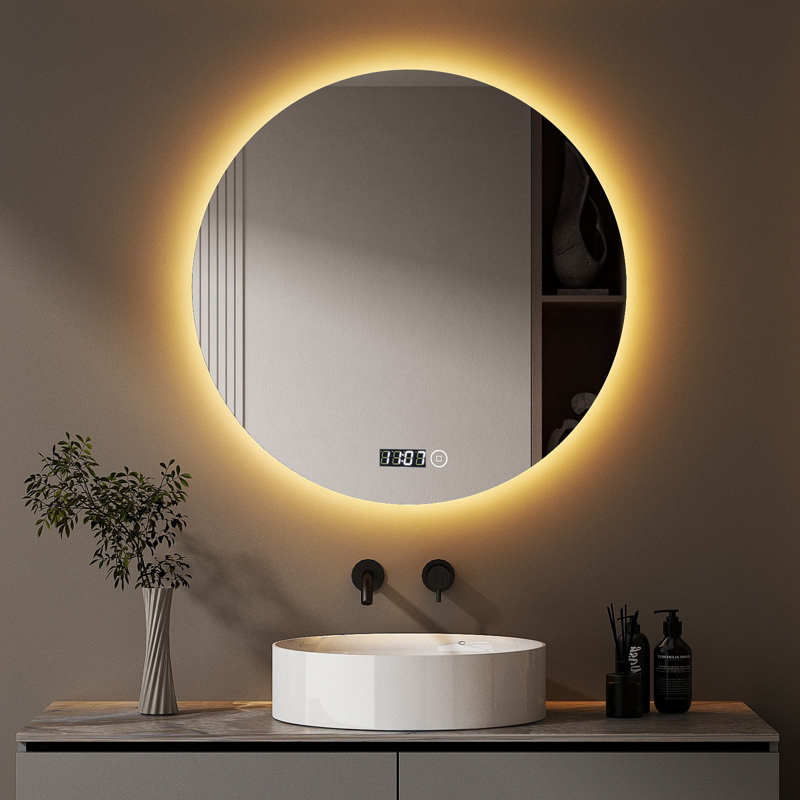 WDWRITTI Badspiegel Wandspiegel Rundspiegel Led Uhr 3 Lichtfarbe+ Helligkeit einstellbar (Badezimmerspiegel mit Beleuchtung, Rund Spiegel, Lichtspiegel, 60 x 60 cm), Speicherfunktion,energiesparender,IP44