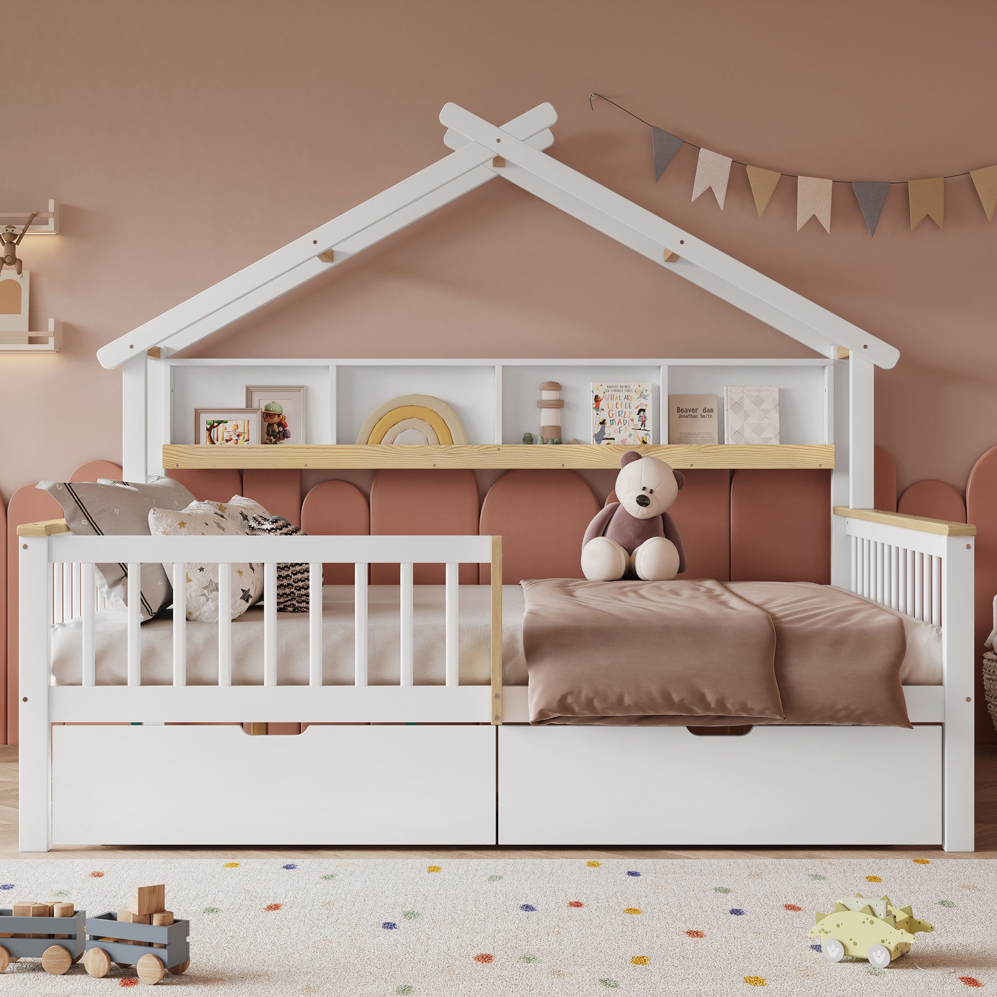 MODFU Kinderbett für Kinderzimmer & Schlafzimmer (Kinderbett mit Fallschutz & Dachdesign, 140x200 cm, Zwei Schubladen auf Rollen, 1-tlg., 218.5x146.5x152cm)