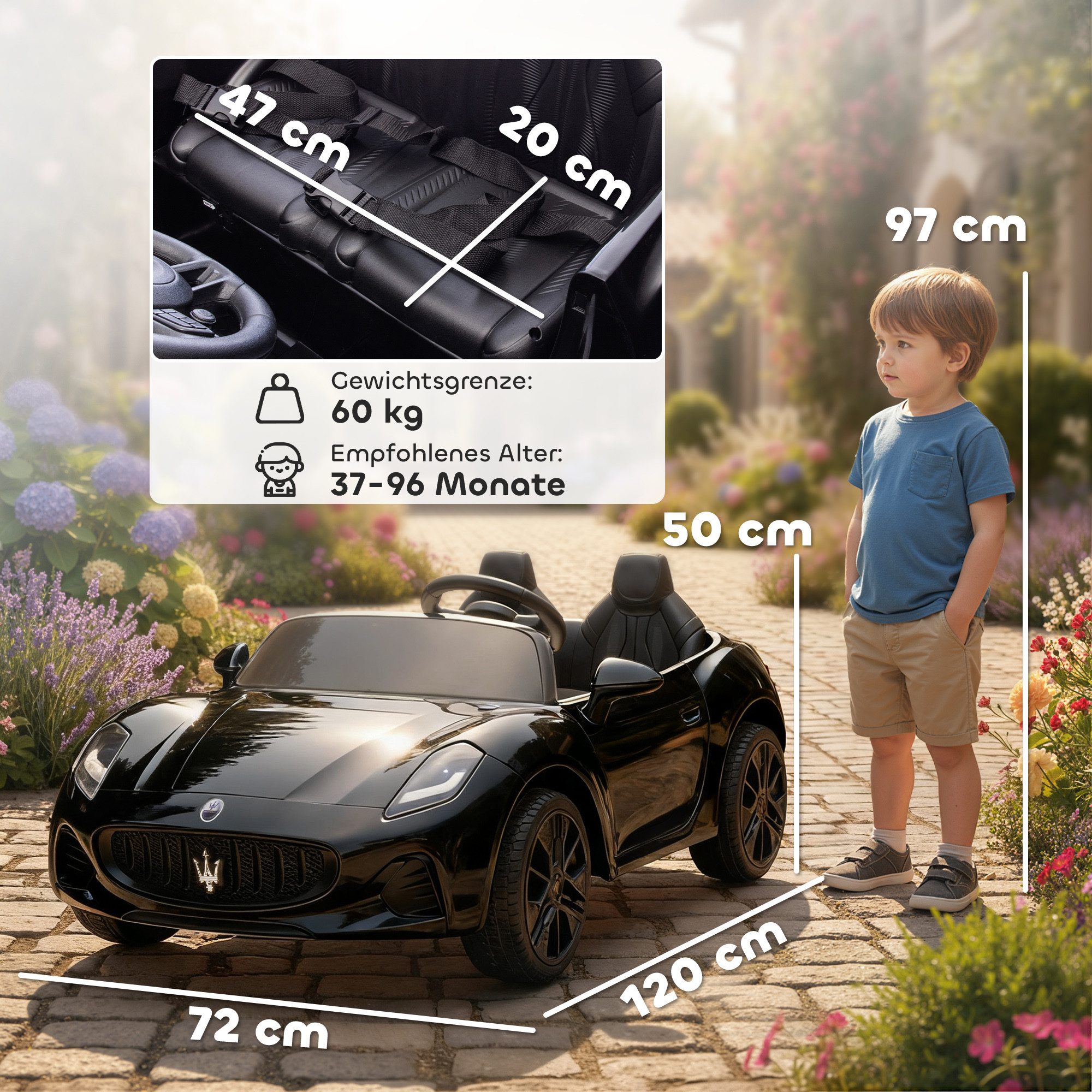 AIYAPLAY Elektro-Kinderauto 12V Kinderauto mit Fernbedienung, Belastbarkeit 60 kg, (1-tlg), für 37-96 Monate, Schwarz