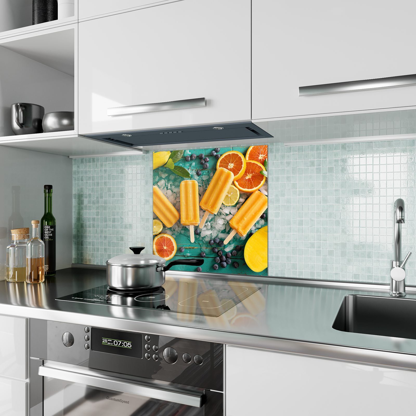 Primedeco Küchenrückwand Glas Mango Spritzschutz Motiv Eis Bananen Stiel mit Küchenrückwand am