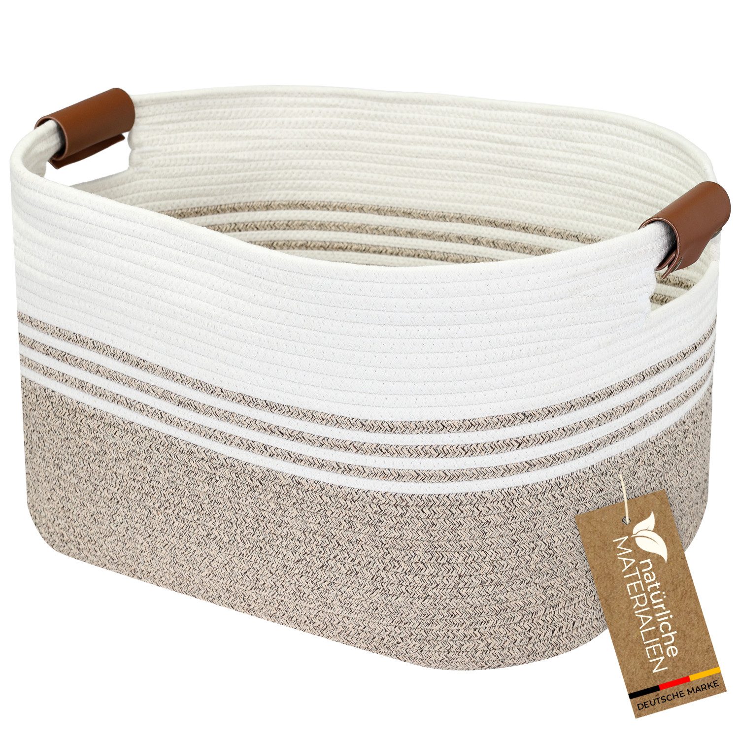 HMF Aufbewahrungskorb XXL Wäschekorb aus Baumwolle, 71 Liter, Aufbewahrungskorb mit Kunstledergriffen, 55 x 43 x 30 cm, Weiß-Braun