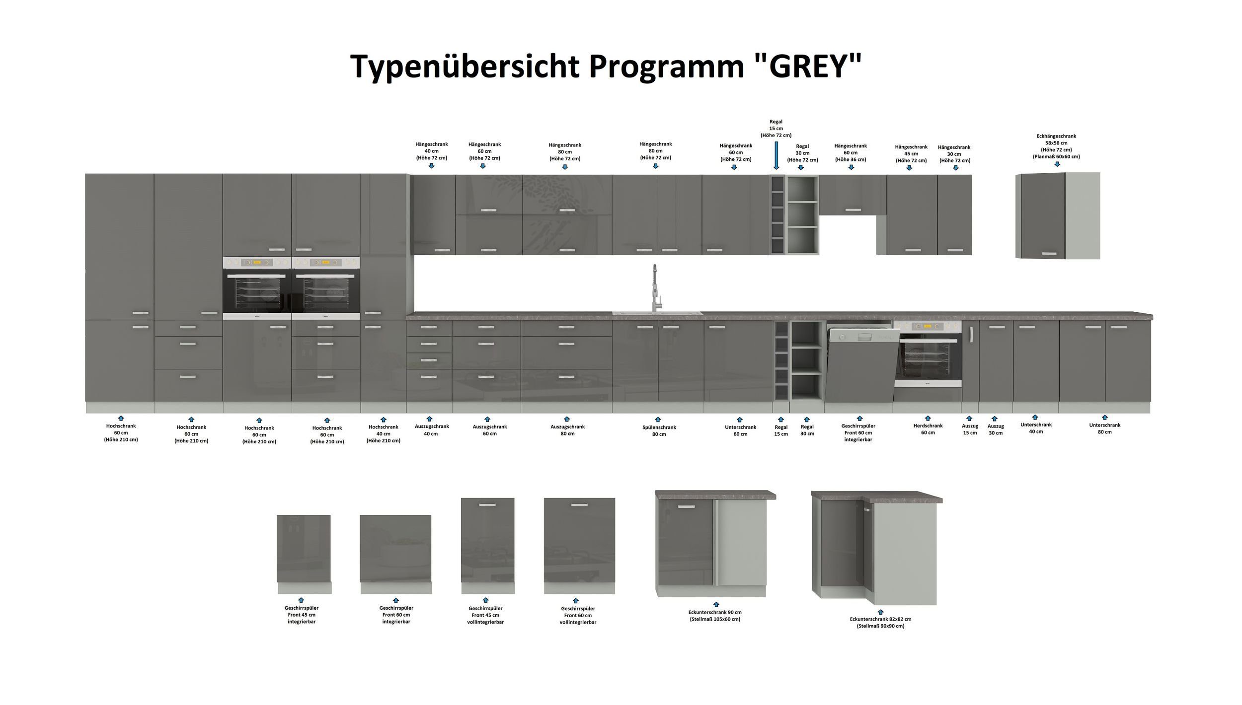 Küche Küchenzeile 80 Bianca Grau cm Küchen-Preisbombe Unterschrank Grey Küchenblock Hochglanz