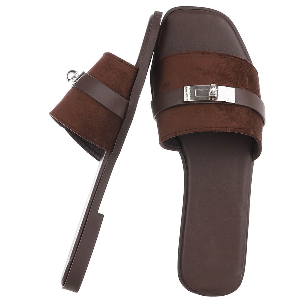 Ital-Design Damen Pantolette mit Metall-Detail und flachem Fußbett Pantolette (91742325) Blockabsatz Pantoletten in Braun – Bild 2 von 5