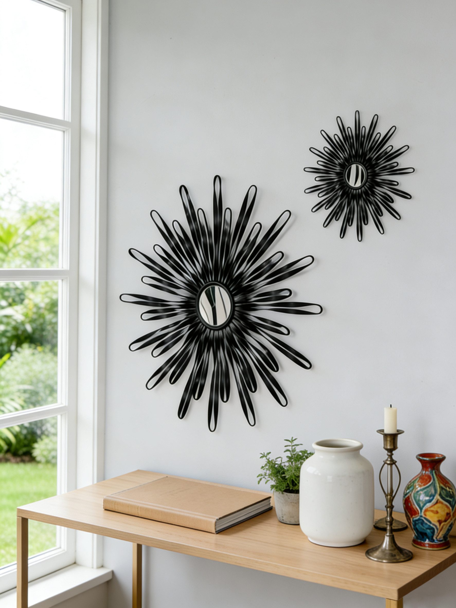 OTTO home Wanddekoobjekt Sonne, im 2er Set: 35 und 46cm (2er-Set, in schwarz, gold-oder silberfarben), Wanddekoration aus Metall mit kleinem Spiegel in der Mitte