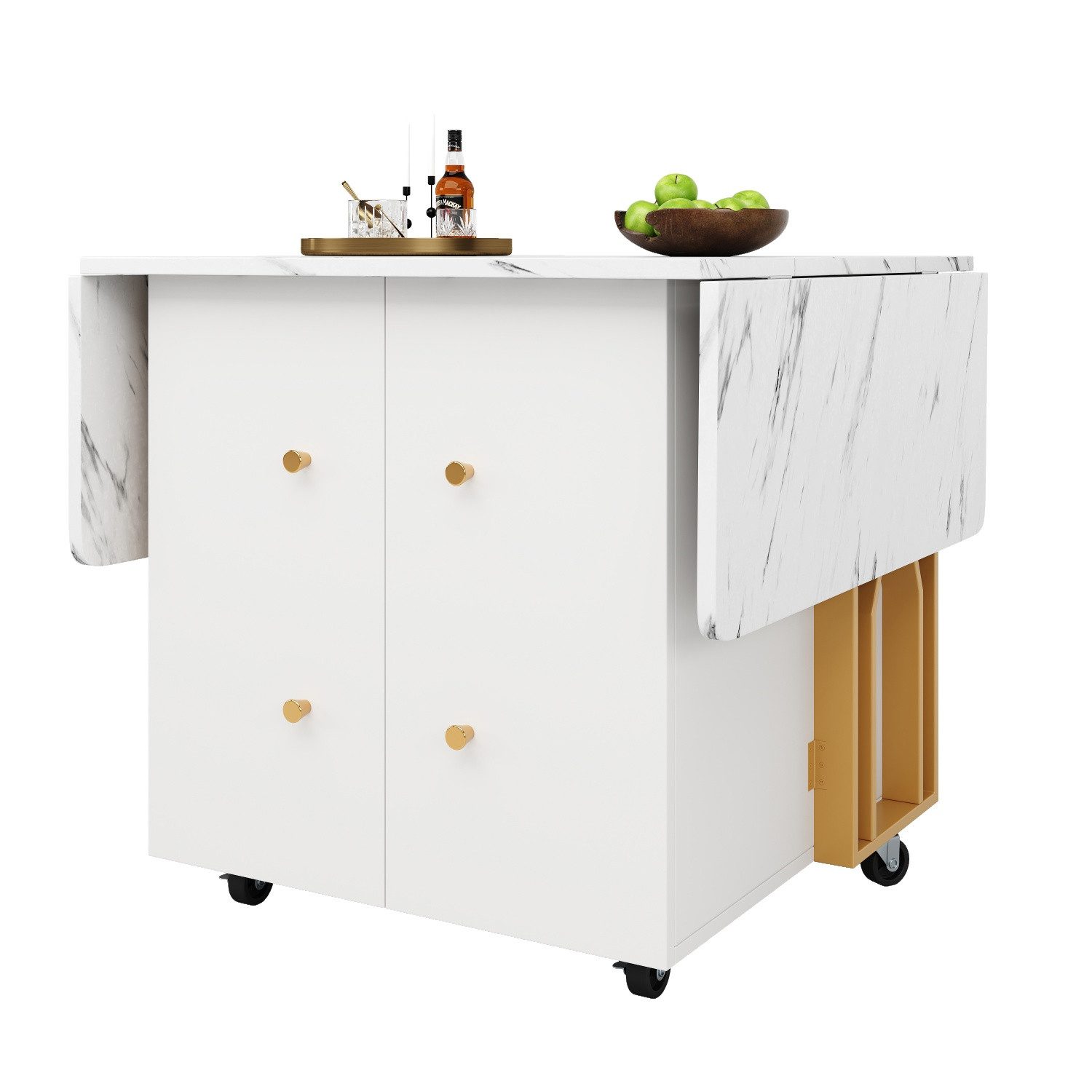 Fanttik Esstisch Tragbarer Esstisch, klappbare Tischplatte mit Ablagefächer, 6 Rollen (Tragbarer Esstisch mit klappbarer marmorierter Tischplatte, verstellbaren Trennwänden– Platzsparend 80-140*75*76.3CM), geeignet für Esszimmer,Wohnzimmer,verstellbare Trennwände mit 6 Rollen