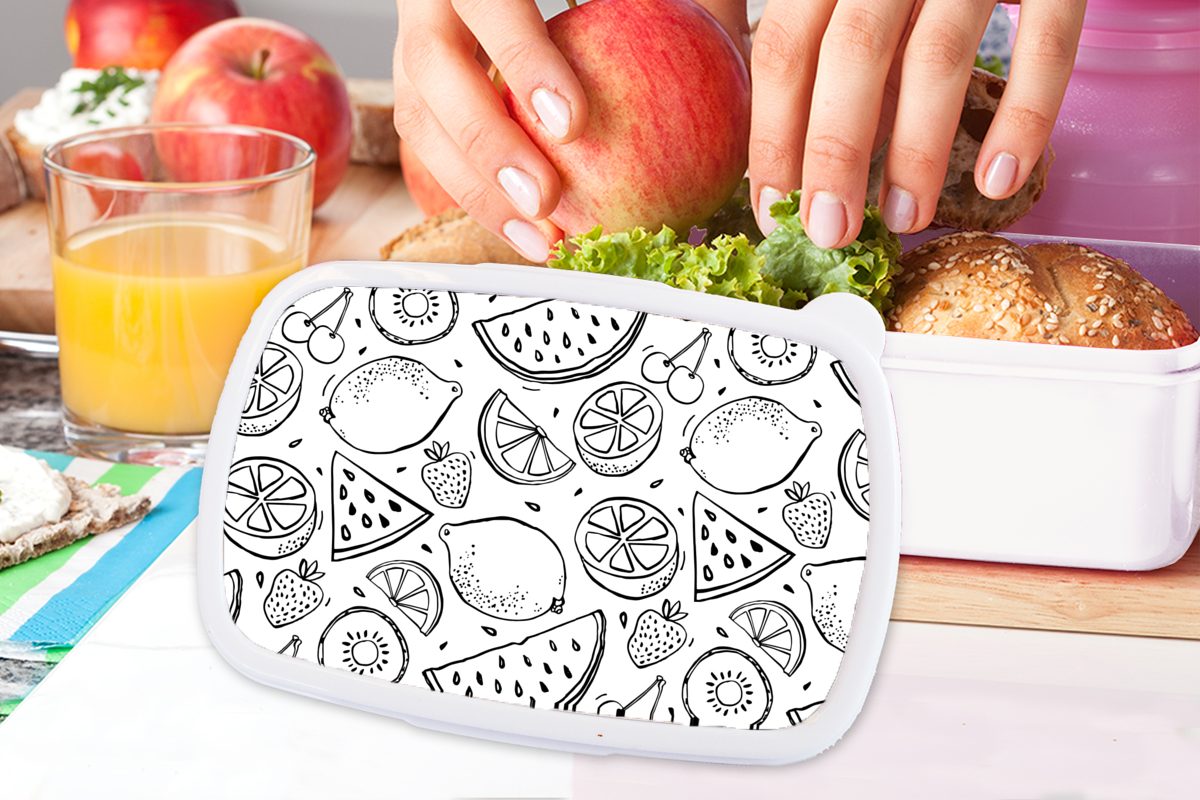 Lunchbox MuchoWow Kunststoff, Muster für und Erdbeere - Erwachsene, Schwarz Weiß, für Mädchen Brotdose, - Kiwi - Brotbox Kinder und Jungs (2-tlg), -
