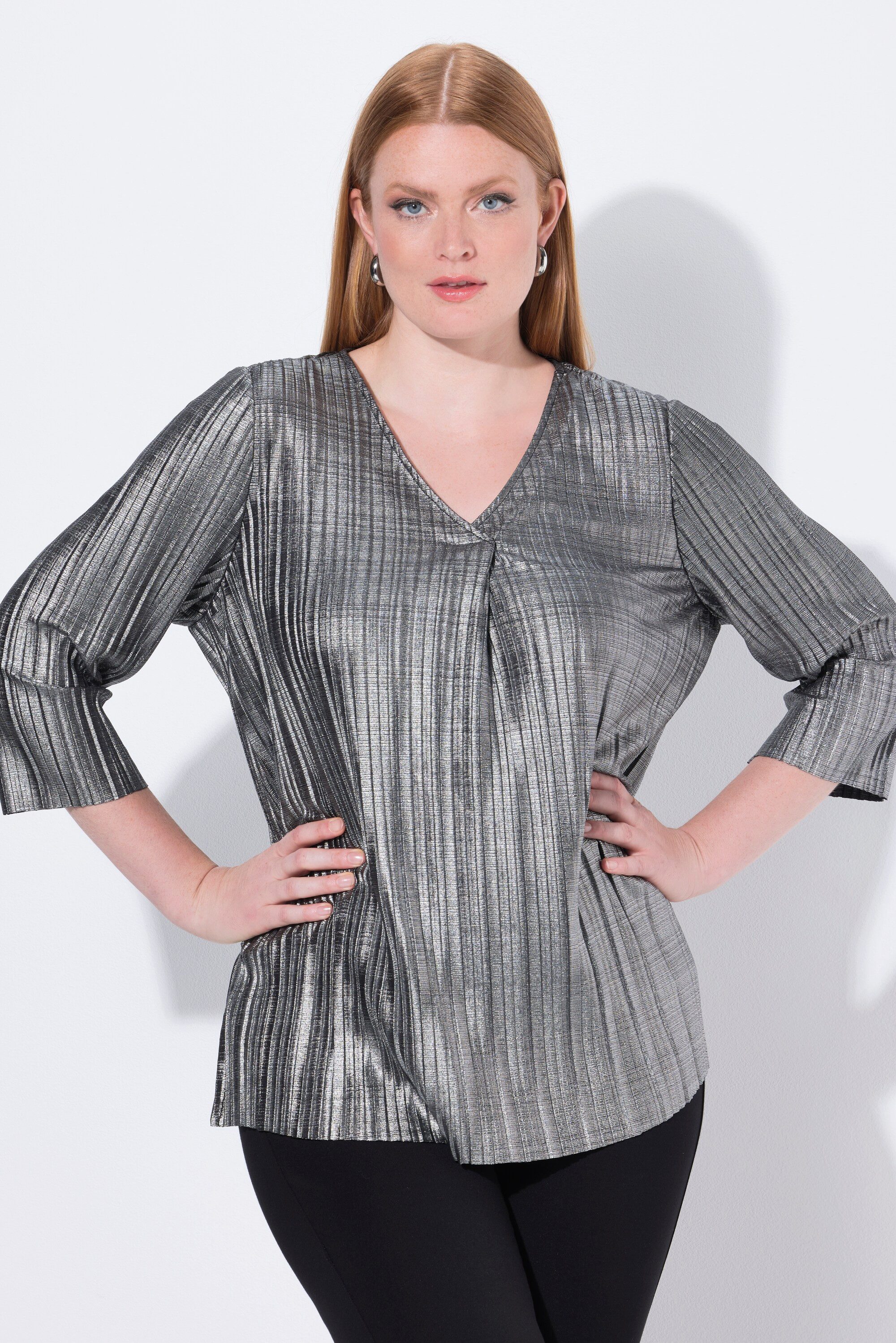 Ulla Popken Tunika Plissee-Bluse A-Linie V-Ausschnitt 3/4-Arm günstig online kaufen