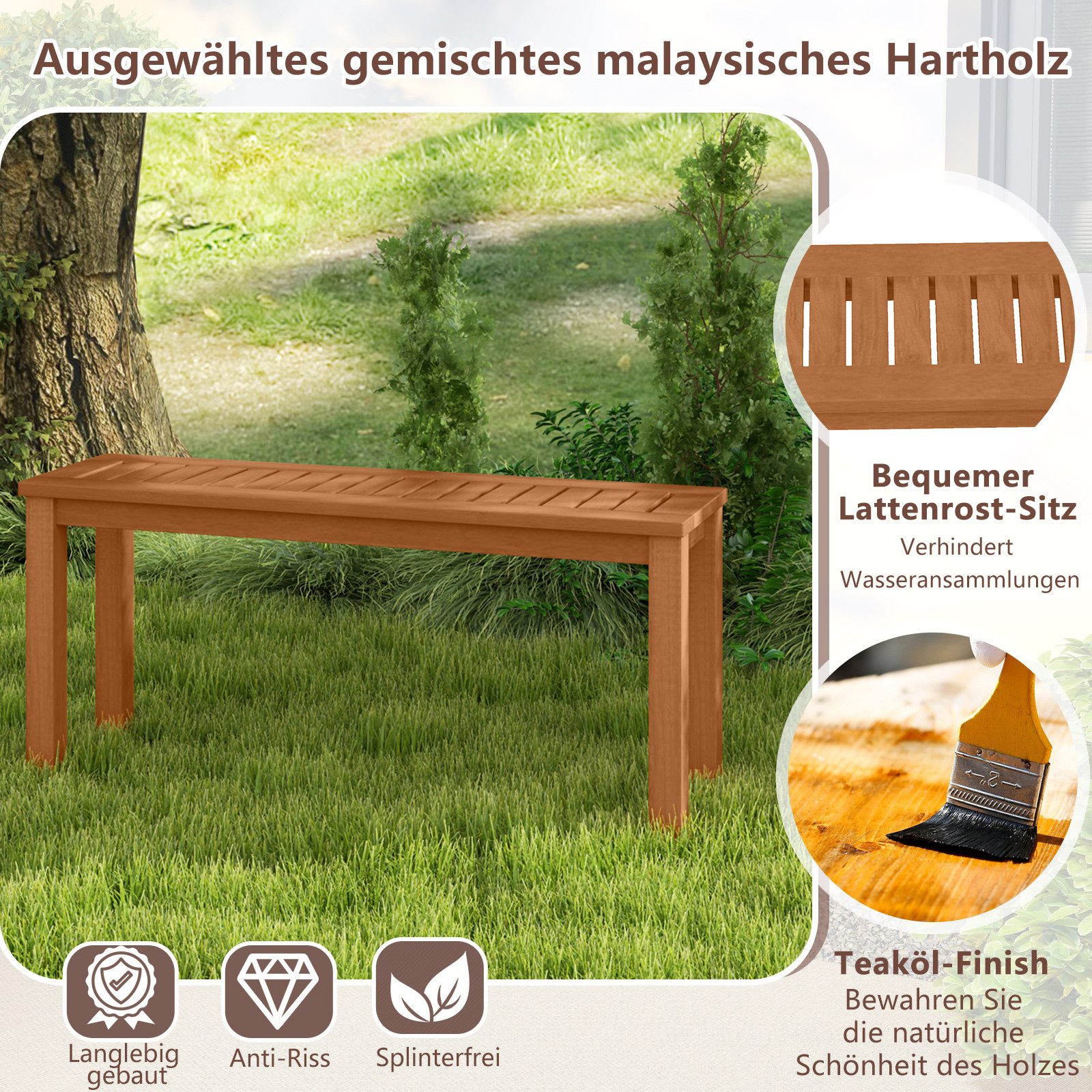 COSTWAY Gartenbank, wetterfest 2-Sitzer, Massivholz, ohne Rückenlehne, 100cm