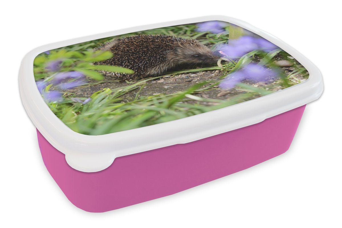 MuchoWow Lunchbox Igel Snackbox, Kinder, Erwachsene, hinter rosa Mädchen, Brotbox Kunststoff Brotdose Blumen, für Kunststoff, (2-tlg)