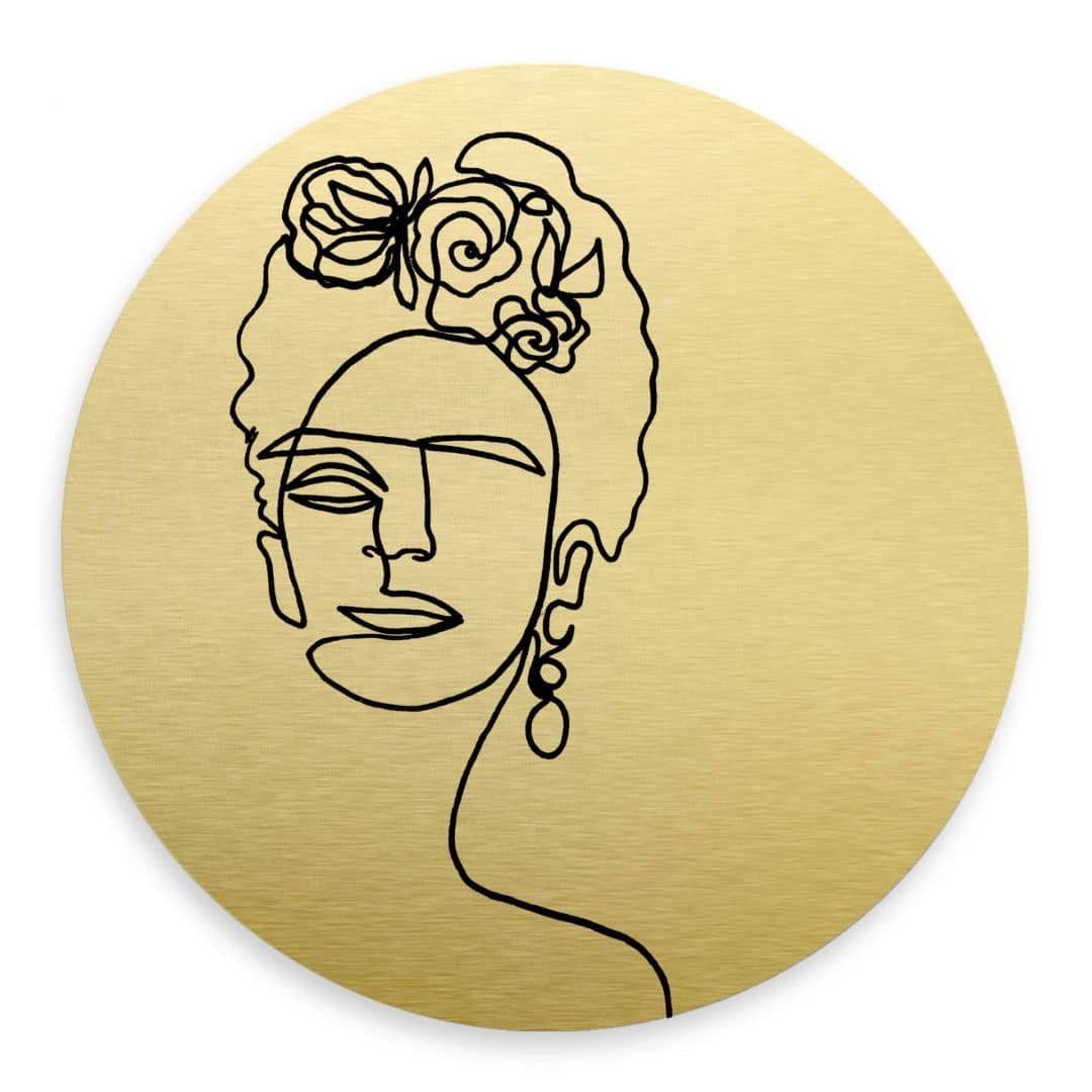 K&L Wall Art Alu-Dibond-Druck Metallposter Rund Frida Kahlo abstrakte Linework moderne Goldoptik, Metalloptik Wandbild Ø 20cm