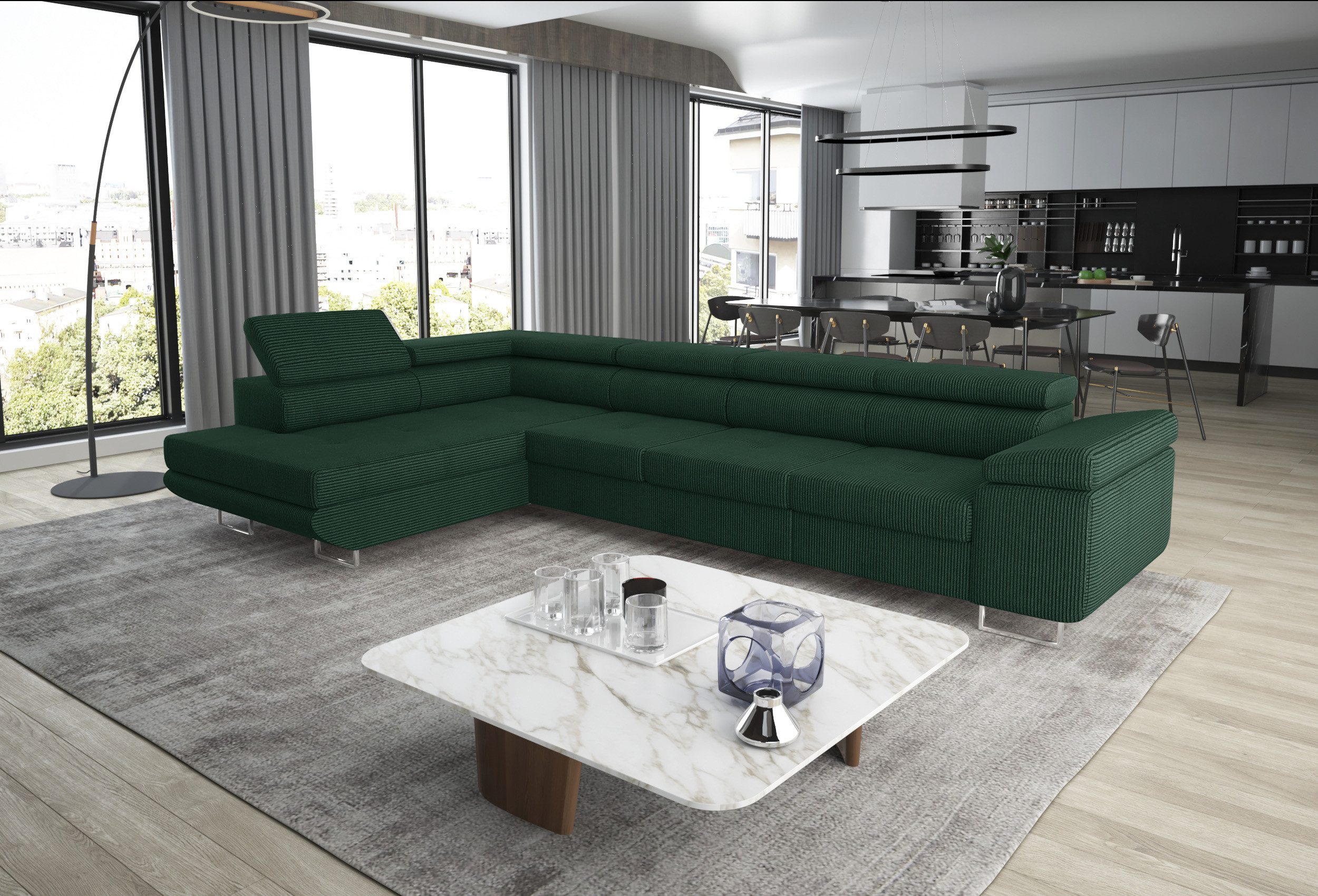 thematys Ecksofa ASTON LONG 355 x 204cm mit Schlaffunktion & Bettkasten – L-Sofa, mit 4 verstellbaren Kopfstützen, Cord (Poso) oder Samt (Monolith), - XXL Wohnlandschaft im modernen Design