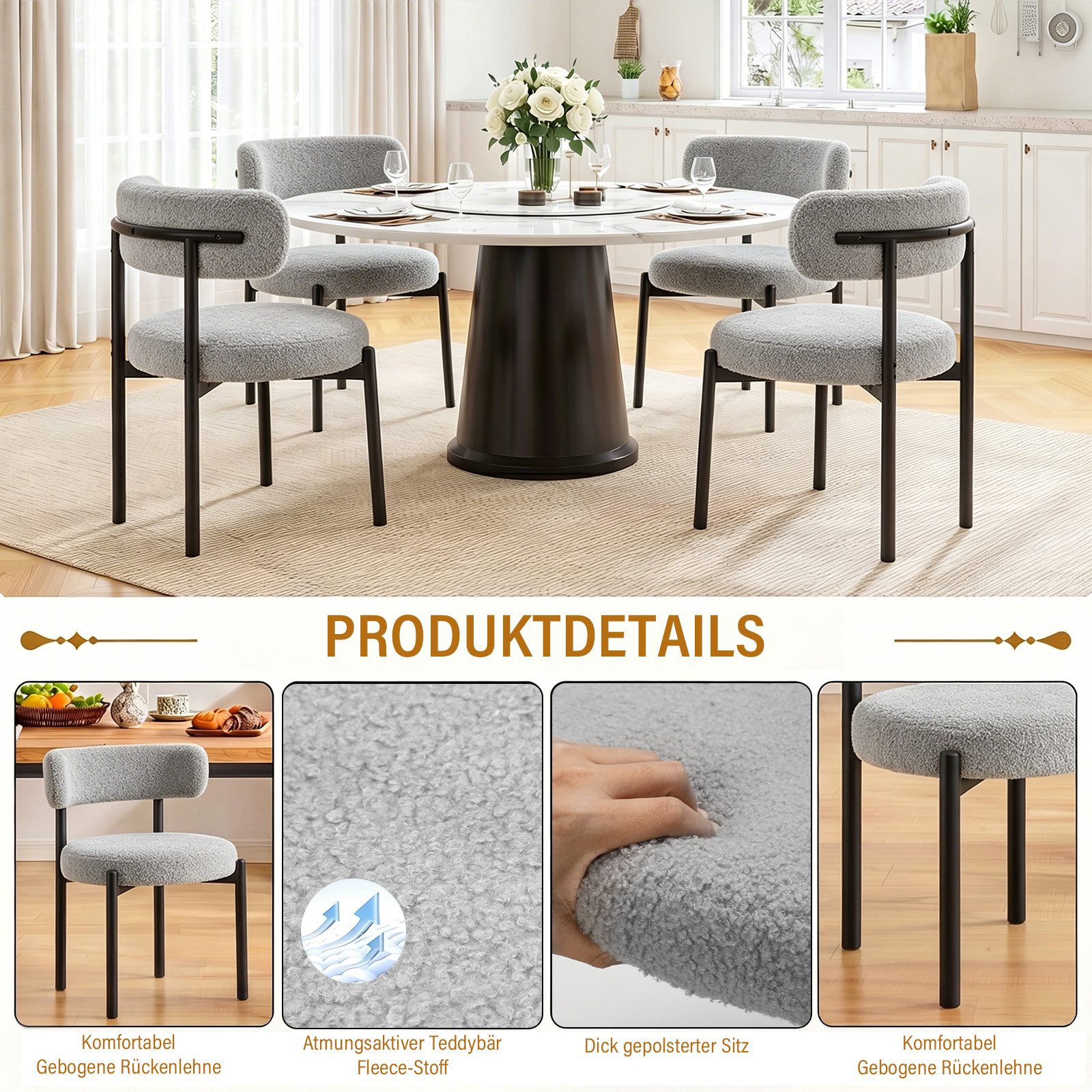oyajia Esszimmerstuhl Polsterstuhl mit Metallgestell, Wohnzimmerstuhl, Küchenstuhl Runder (mit Rückenlehne), für Wohnzimmer, Esszimmer – Bild 4 von 5