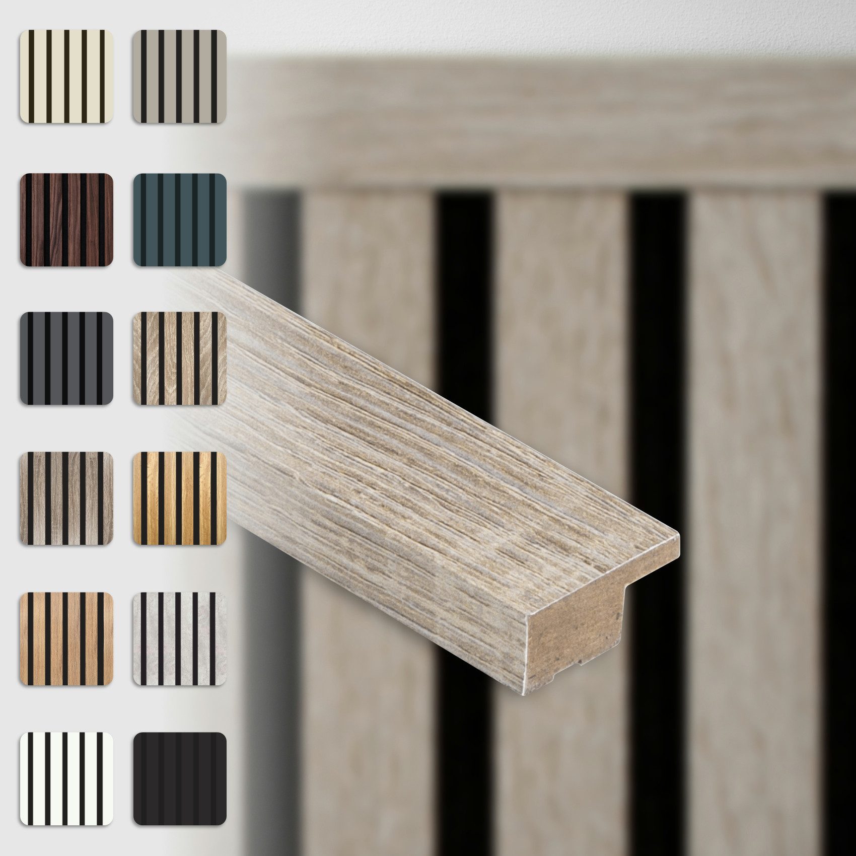 Hexim Wanddekoobjekt (Abschlussleiste 275x2,7cm passend für unsere Akustikpaneele - flexible Lamellenwand Holz MDF Wandpanelee Lamellenverkleidung Wandverkleidung (1 Abschlussleiste Sonoma Oak - APA06)