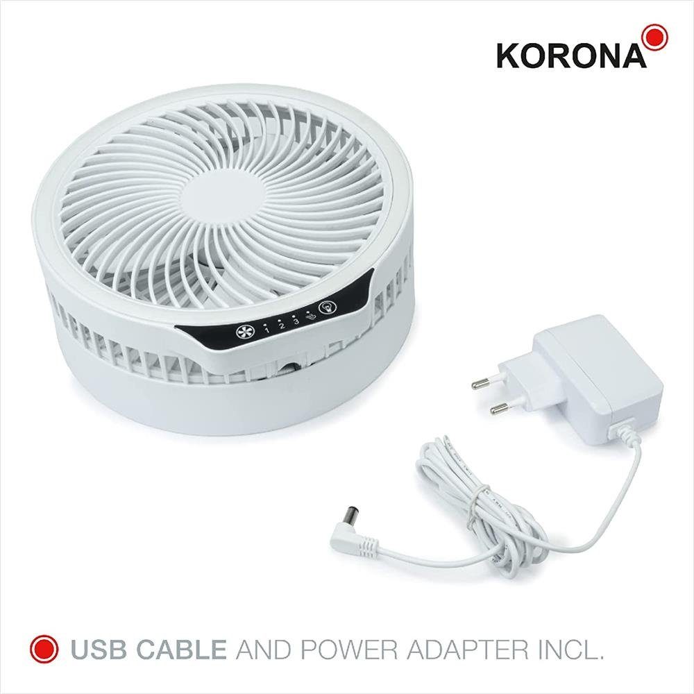 KORONA Akku-Standventilator 81010, faltbar, tragbar, mobil, Tischvenitlator, Standventilator, Touch Bedienung, über USB aufladbar, 8000 mAh Akku, inkl. Netzteil, beleuchtet, LED Ringlicht, sehr leise, sehr leicht, höhenversellbar bis ca. 1m, weiß
