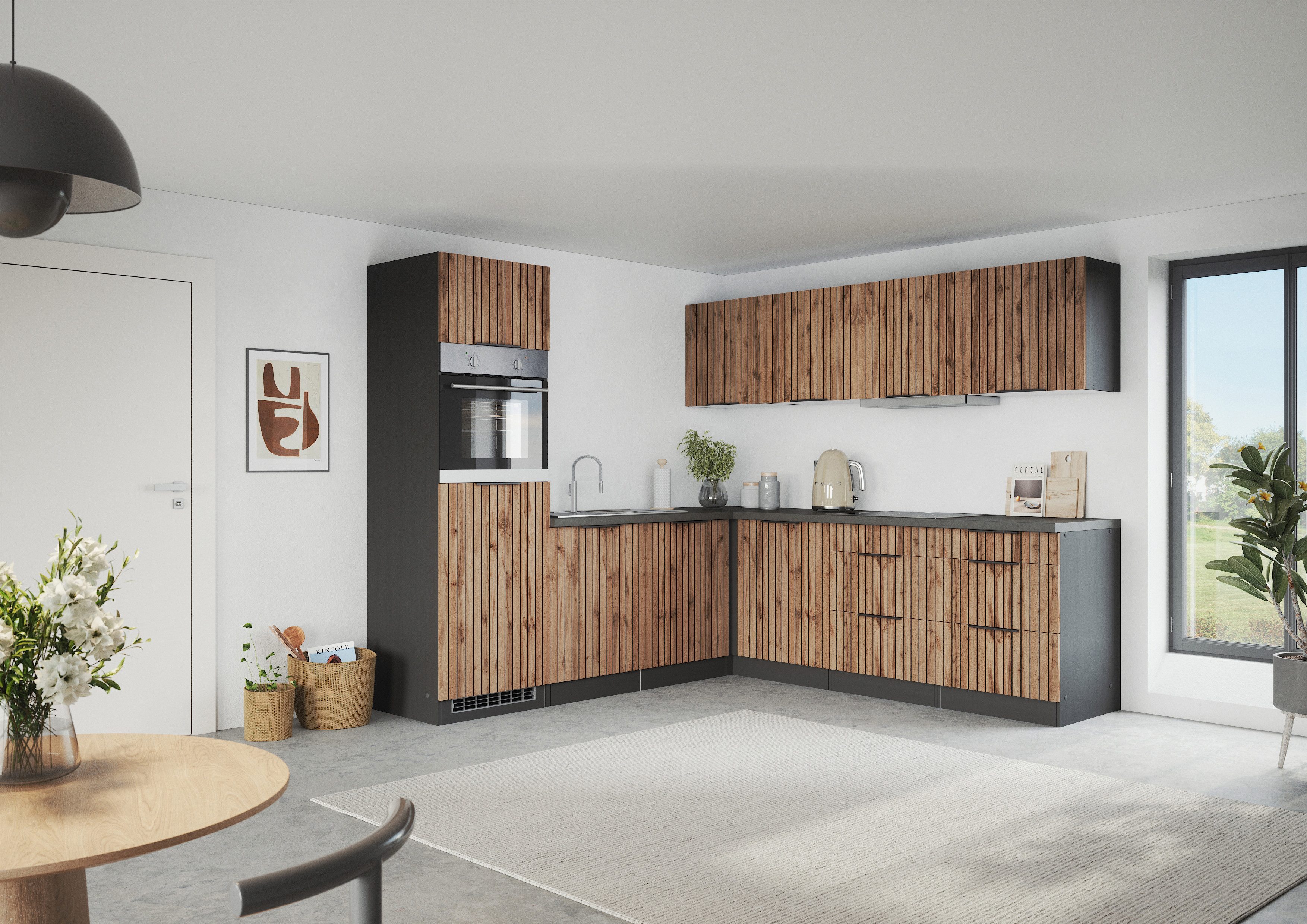 KOCHSTATION Winkelküche KS-Lagos, Stellbreite 240/240 cm, wahlweise mit E-Geräten, GK-oder Induktionskochfeld,Kühlschrank,Spüle edelstahl oder schwarz
