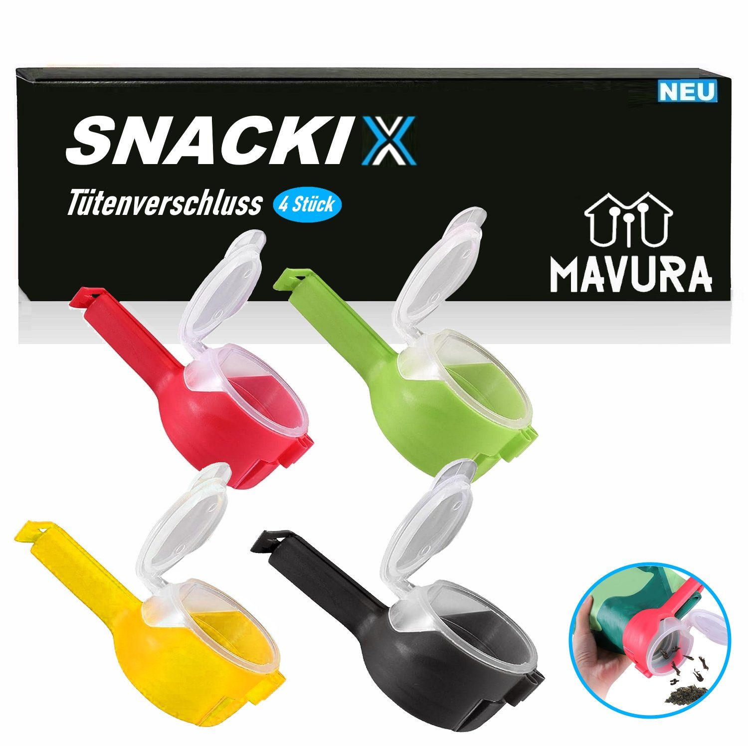 MAVURA Verschlussklammer SNACKIX Tütenverschluss Verschlussclips mit Ausschütter [4er Set] (Beutelclip, Tütenverschluss, Klippverschluss, Klipper für Tüten),Küchenclip, Tütenclips, Snackspender, Frischeclips