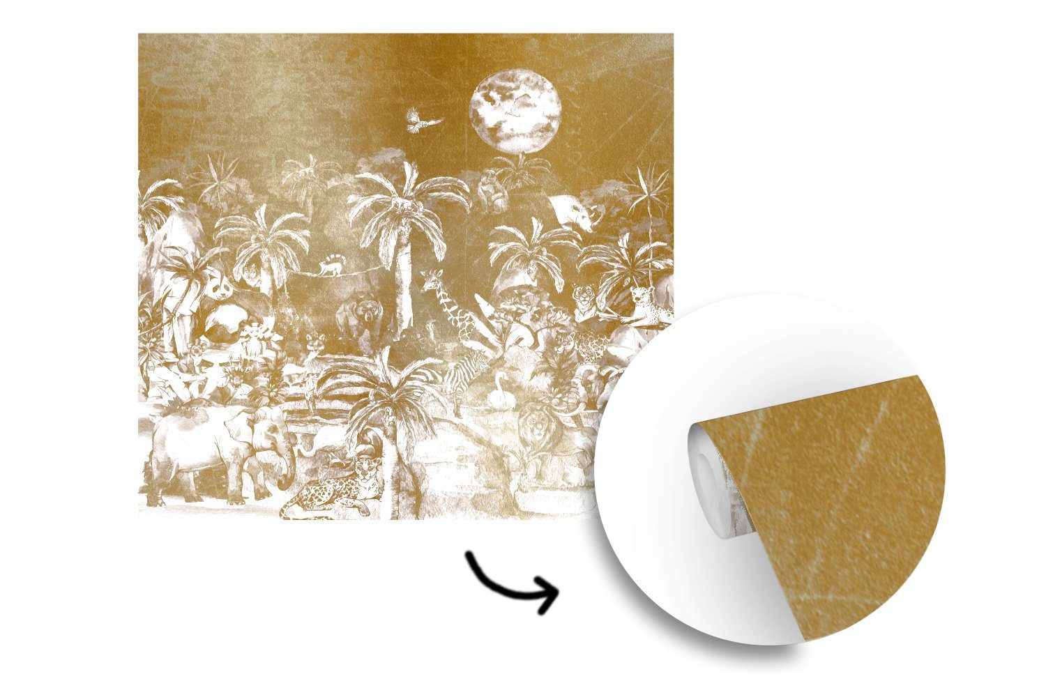 - Wandtapete Dschungel Vinyl Pflanzen Tapete St), für Fototapete Wohnzimmer Matt, - - Kinder Gold (5 - bedruckt, oder Tiere, MuchoWow Schlafzimmer,