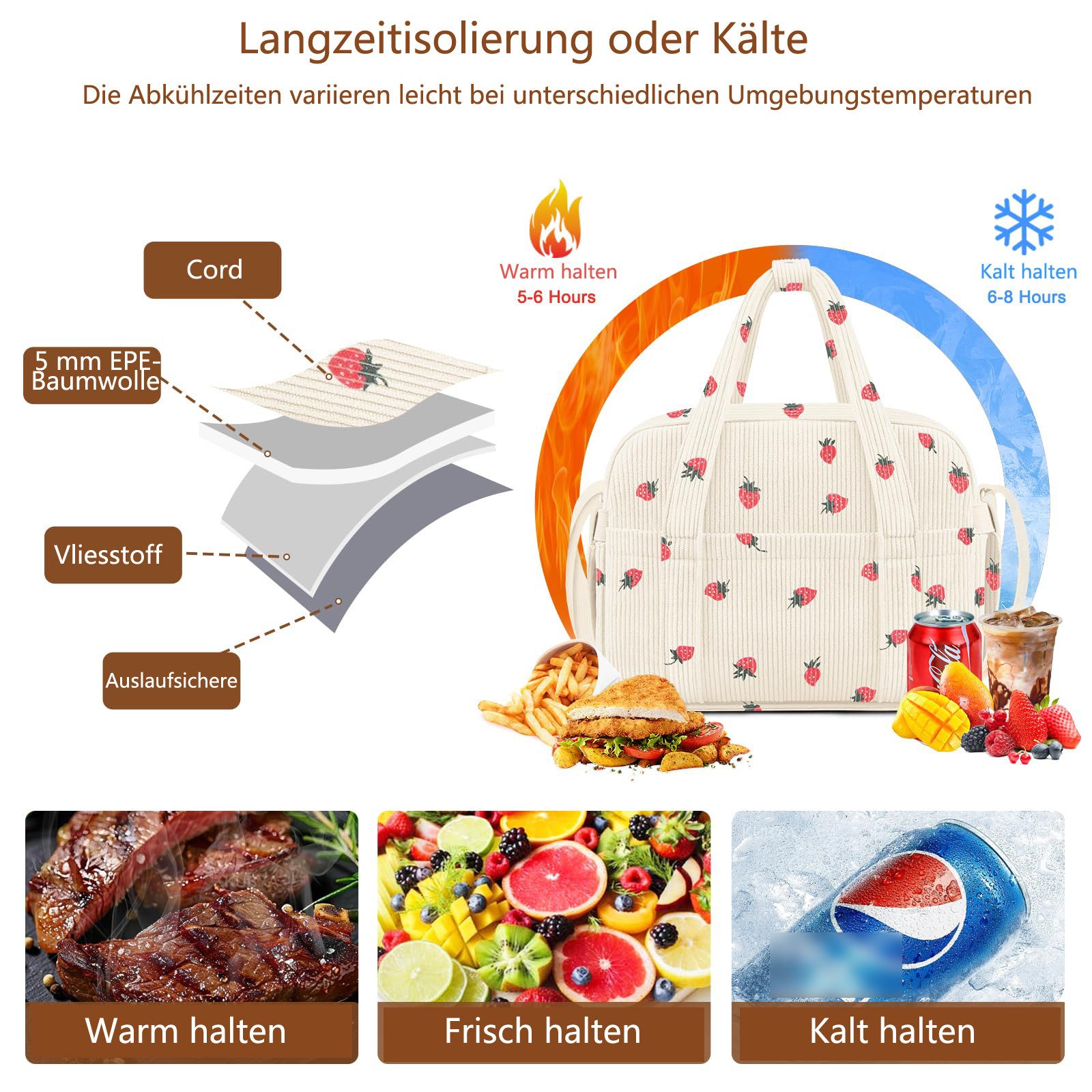 Coonoor Lunchbox Lunchtasche für Damen, Erwachsene und Herren, isoliert, wiederverwendbar, auslaufsicher, weicher Cord – Bild 3 von 5