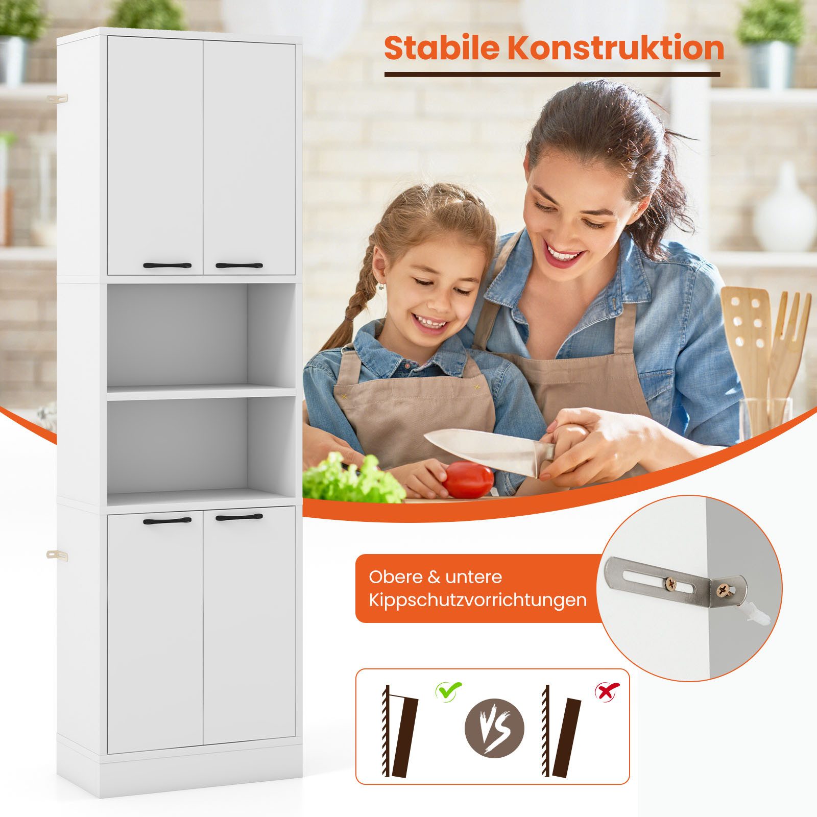 COSTWAY Küchenbuffet Hochschrank mit Türen, Regalen 56x30x190 cm – Bild 5 von 5