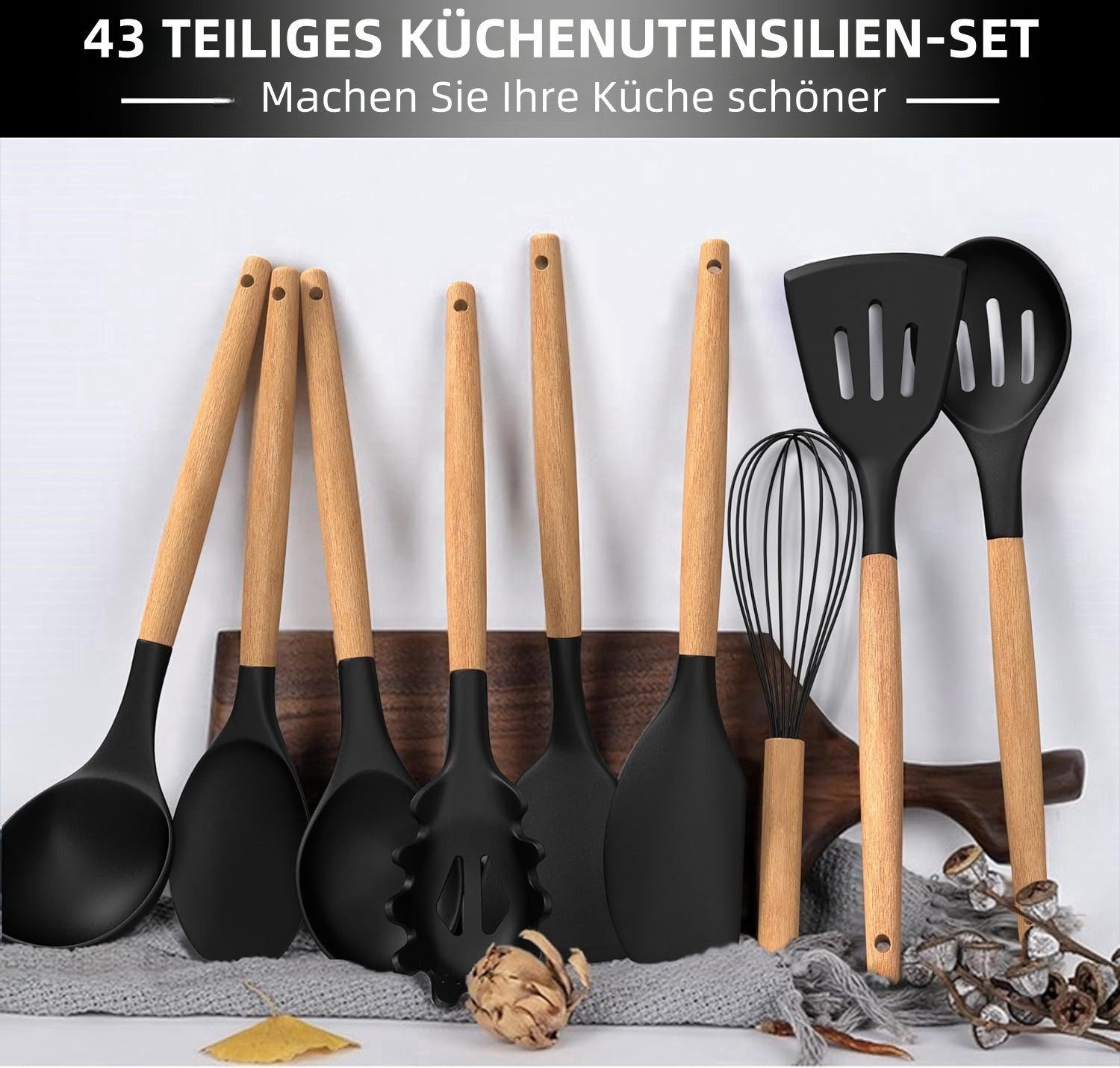 Rhein Beleuchtung Kochbesteck-Set Silikon-Kochgeschirr mit schwarzem Holzgriff, küchenutensilien (Set, 43-tlg), Sicher und umweltfreundlich, geeignet für antihaftbeschichtete Pfannen