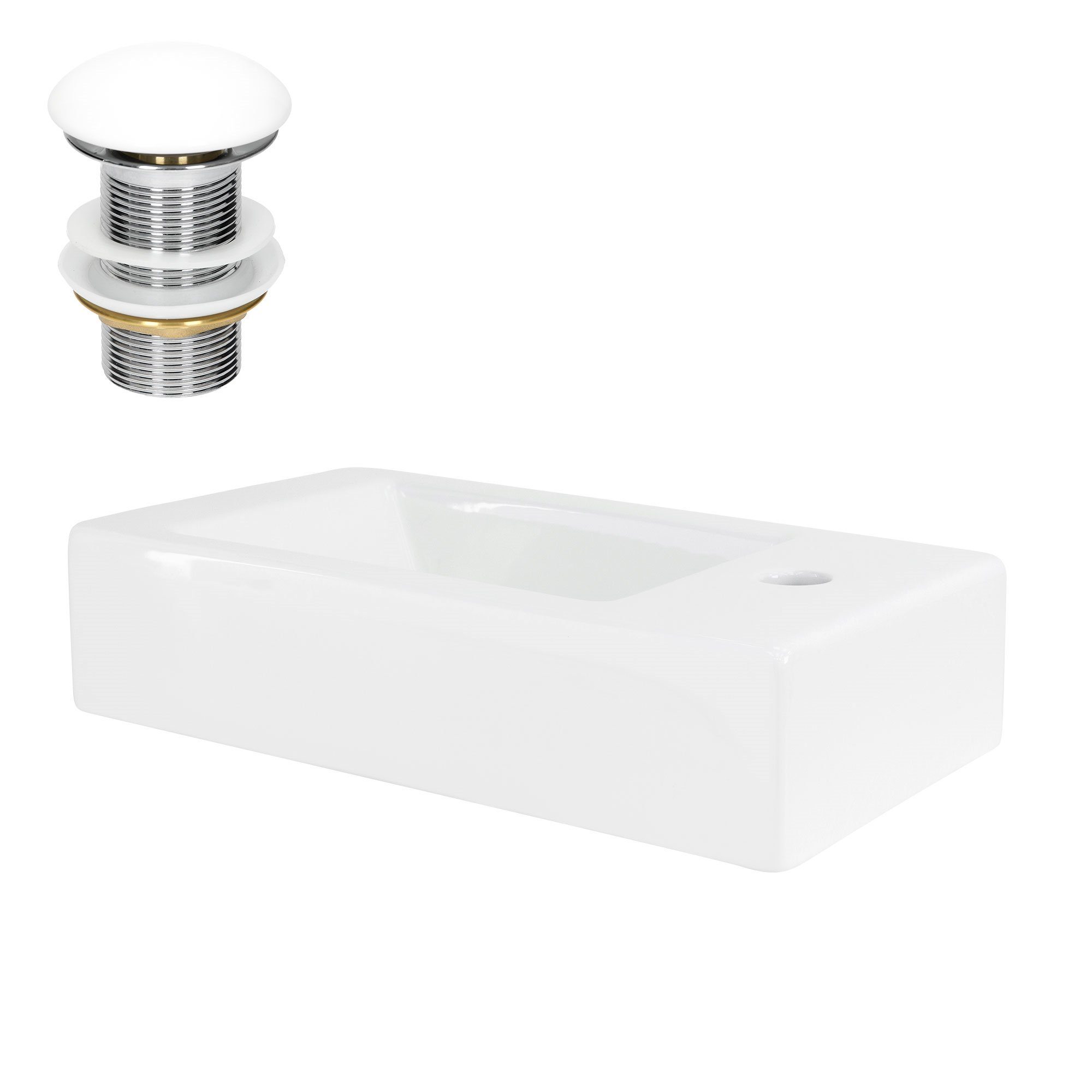 LuxeBath Waschbecken Waschtisch Aufsatzwaschbecken aus Keramik für Badezimmer / Gäste-WC, Handwaschbecken Weiß inkl. Ablaufgarnitur ohne Überlauf