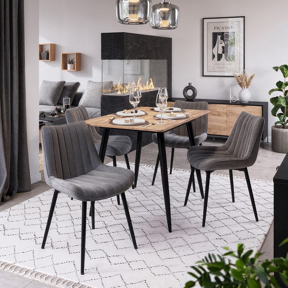 Vicco Essgruppe Beaver, Goldkraft Eiche/Schwarz, 110 x 70 cm mit 4 Stühlen, Grau, (5-tlg)