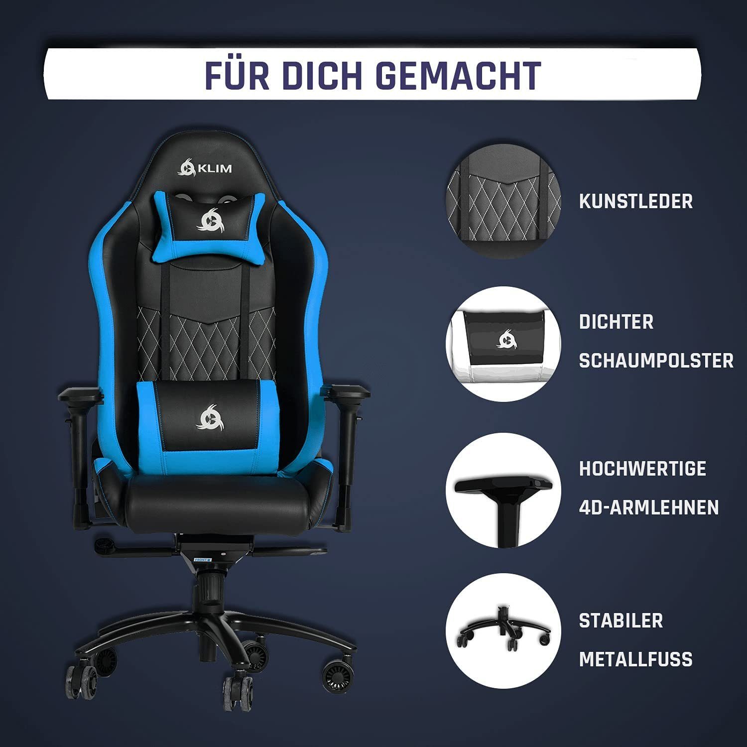 Gaming Chair Stylischer Qualität, Esports Stuhl,  Ergonomischer Gaming KLIM Arbeitszimmer Hochwertige Stuhl, Blau fürs Stuhl