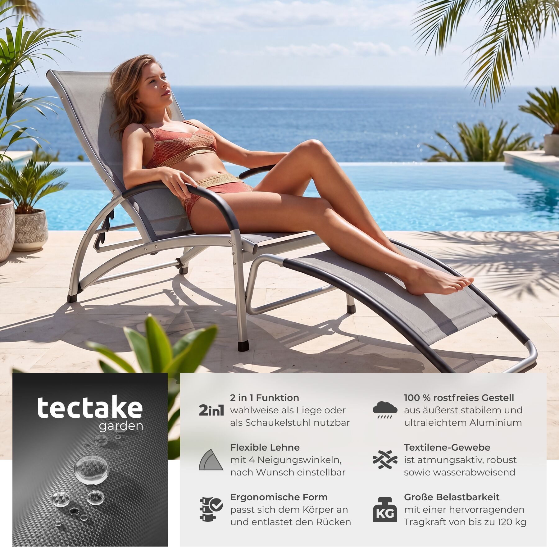 tectake Gartenliege Sonnenliege, 2 in 1 Funktion, verstellbare Rückenlehne, wetterfest, Multifunktionsliege Avignon, 1 St., in anthrazit, wasserabweisend, luftdurchlässig, rutschfest, Belastbarkeit 120 kg