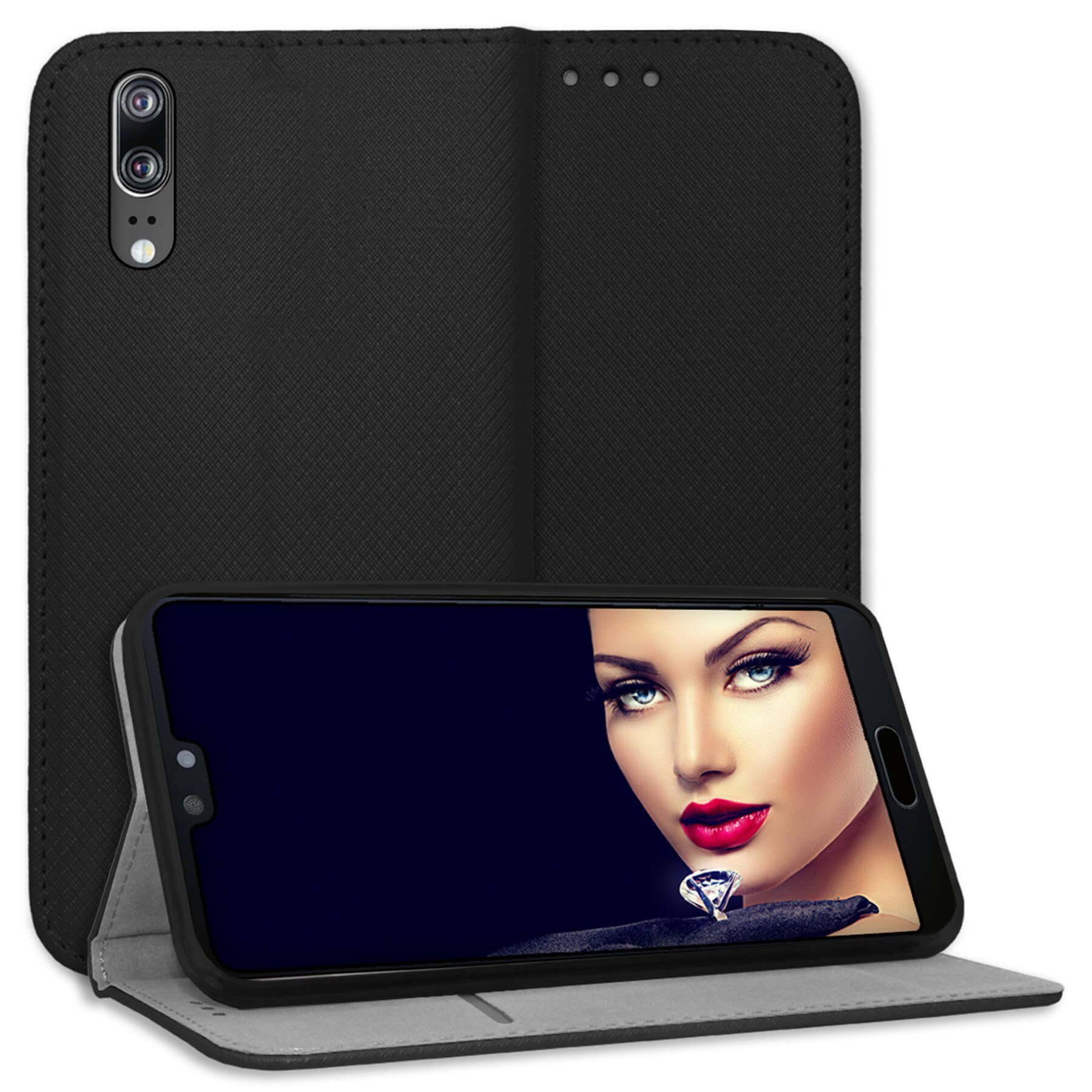 mtb more energy Smartphone-Hülle Smart Magnet für Huawei P20, Schwarz, Bookstyle Klapphülle Cover Wallet Case aus Kunstleder