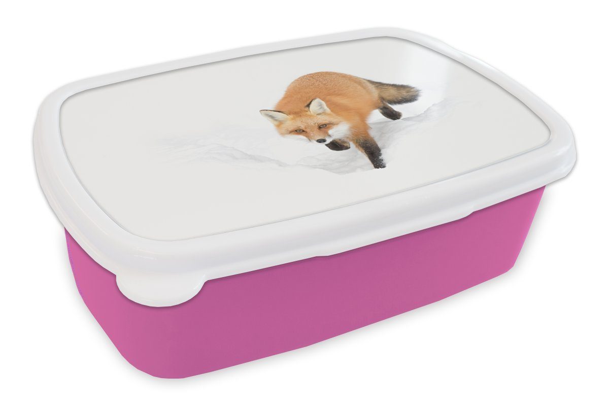 MuchoWow Lunchbox Fuchs - Schnee - Winter, Kunststoff, (2-tlg), Brotbox für Erwachsene, Brotdose Kinder, Snackbox, Mädchen, Kunststoff rosa