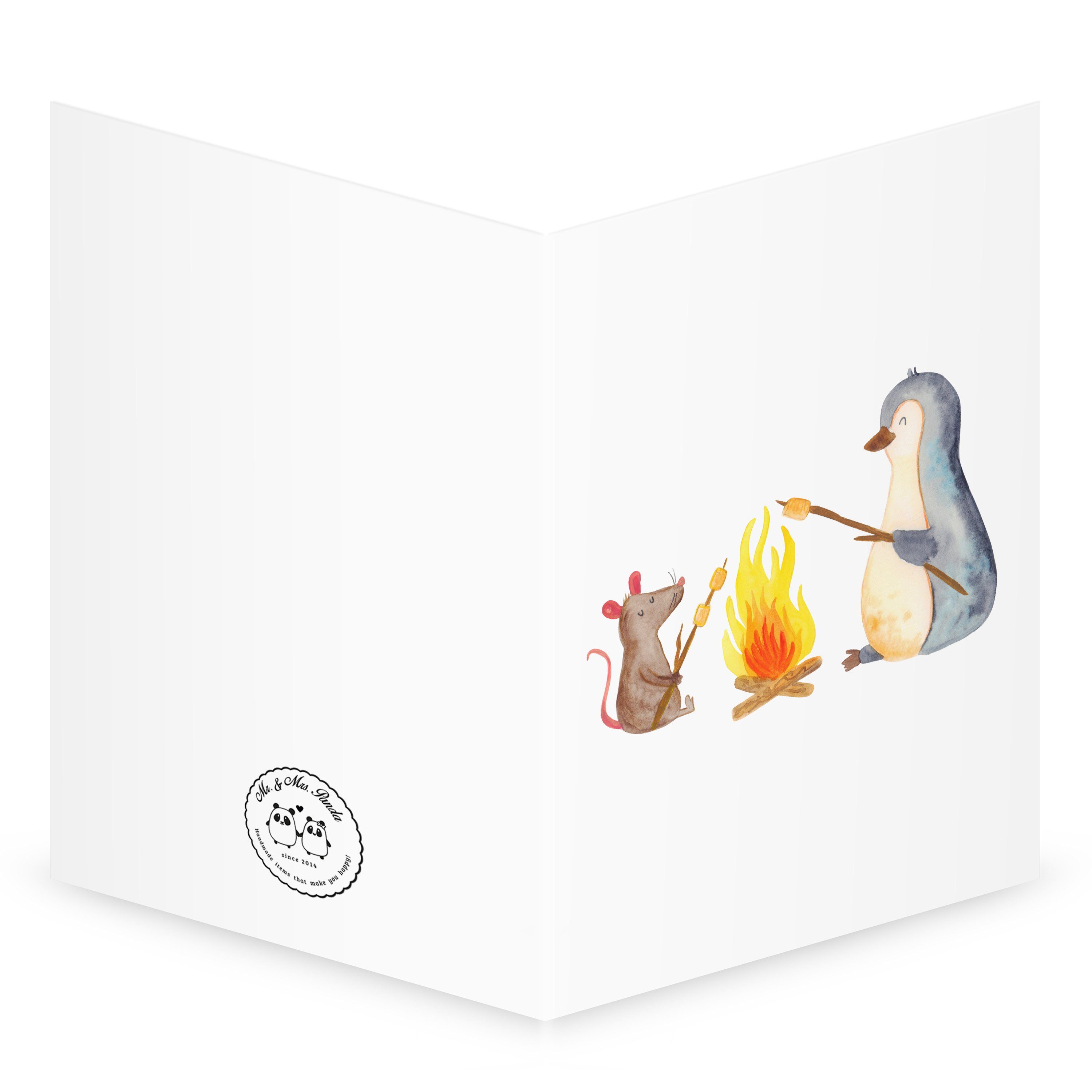 Mr. & Mrs. Panda Grußkarte Lagerfeuer - Klappkarte, Geschenk, Pinguin grillen Neustart, - Weiß