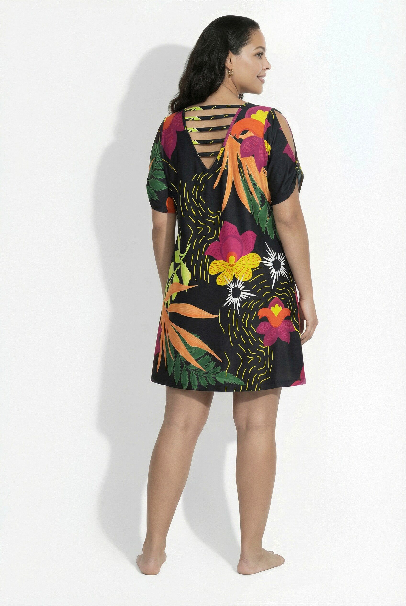 Ulla Popken Midikleid Jerseykleid Katze A-Linie V-Ausschnitt Halbarm