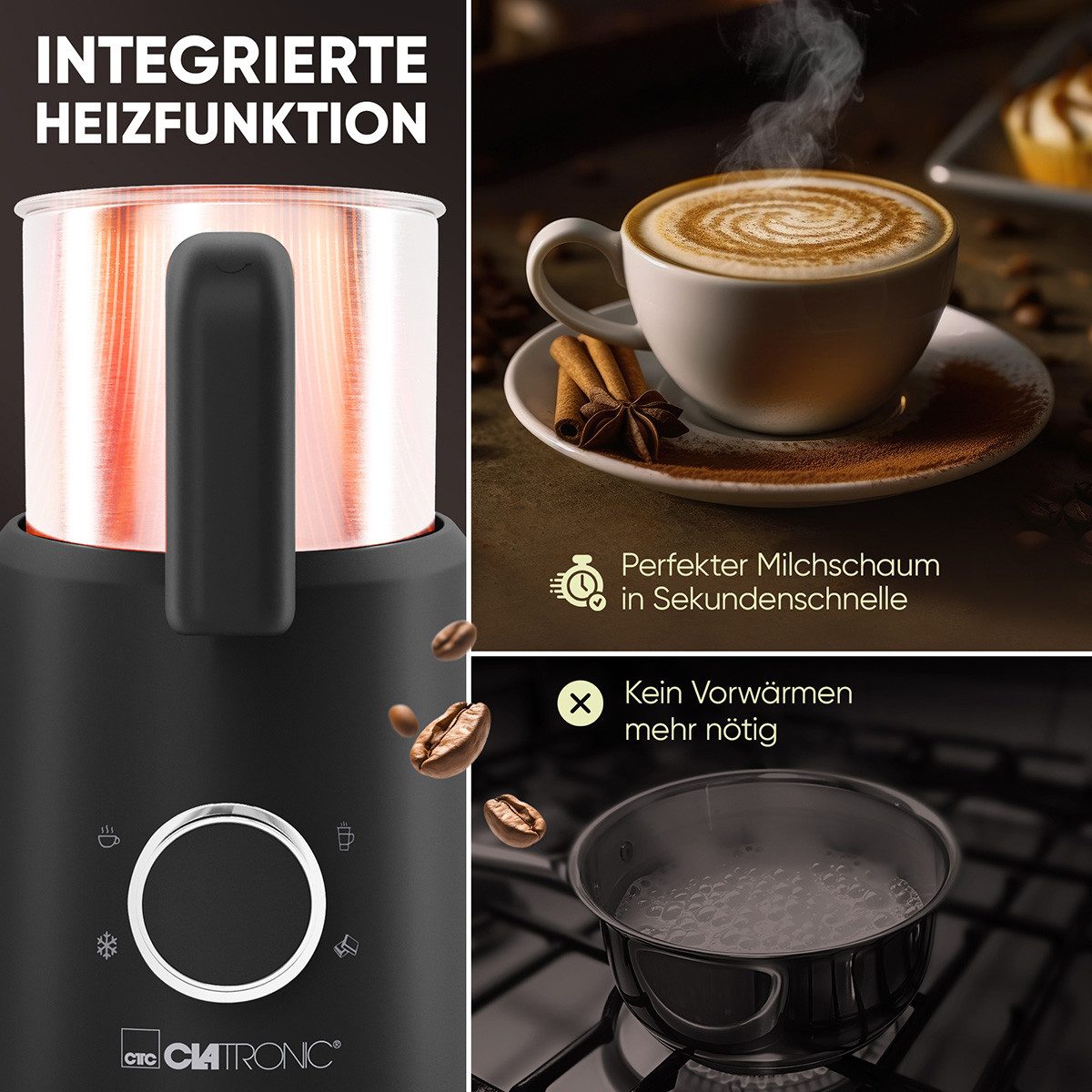CLATRONIC Milchaufschäumer MS 3812, Milchaufschäumer elektrisch, Heiß-/ Kaltfunktion